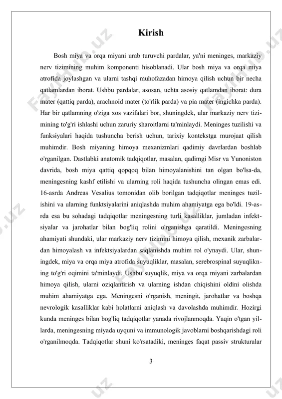 a yaqin joylashgan bo'lib, juda nozik va yumshoqdir. pia mater, asosan, qon tomirlarini o'z ichiga oladi, bu esa bosh miya va orqa miyaning nerv to'qimalariga oziq moddalar yetkazishida muhim ahamiyatga ega. bu qatlam, shuningdek, miyaning yuzasini qoplab, uning himoyasini kuchaytiradi va asab to'qimalarini muhofaza qiladi. meningesning tuzilishi va funksiyalari nevrologik tizimning sog'lig'i uchun juda muhimdir. ular bosh miya va orqa miyaning himoyasini ta'minlash, zarba va infektsiyalardan himoya qilish, shuningdek, nerv to'qimalarini oziqlantirishda muhim rol o'ynaydi. meningesning har bir qatlamining o'ziga xos xususiyatlari va vazifalari, ularning birgalikda ishlashi orqali bosh miya va orqa miyaning optimal funktsiyasini ta'minlaydi. ushbu tizimni o'rganish, nevrologik kasalliklar, jarohatlar va boshqa muammolarni diagnostika qilish va davolashda muhim ahamiyatga ega. ii. meningit va boshqa nevrologik kasalliklar meningit va boshqa nevrologik kasalliklar, bosh miyaning va orqa miyaning urab turuvchi pardalar, ya'ni meninges, bu kasalliklar bilan bog'liq muhim rol o'ynaydi. meningit, asosan, bosh miyaning va orqa miyaning meningesining yallig‘lanishi sifatida …