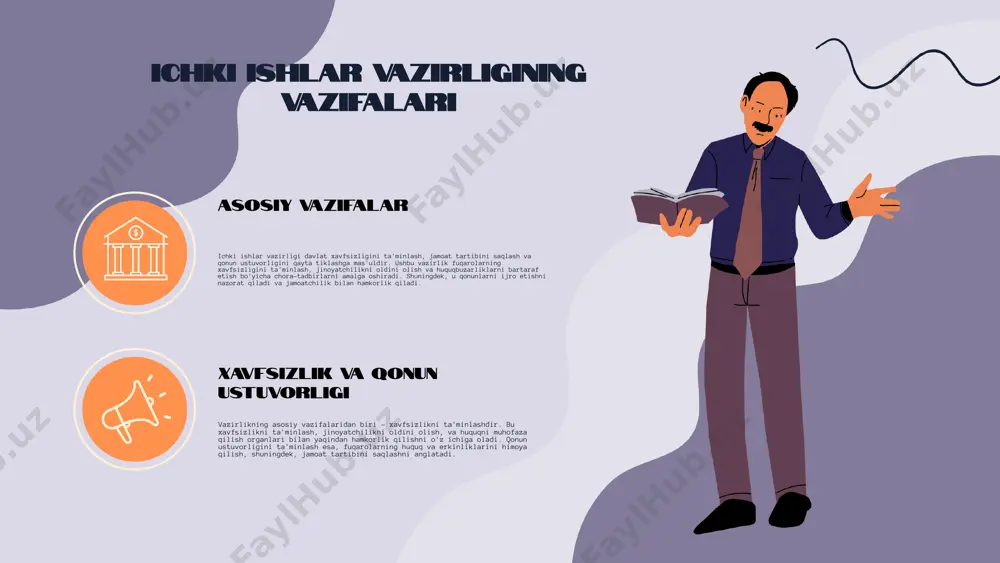 artibini saqlash vazirlikning muhim vazifalaridan biridir. bu, ommaviy tadbirlarda tartibni saqlash va jamoat xavfsizligini ta'minlashni o'z ichiga oladi. ichki ishlar vazirligining strukturasi tashkilot tuzilishi ichki ishlar vazirligi o‘zbekiston respublikasi hukumati tarkibidagi muhim tashkilot bo‘lib, uning asosiy maqsadi xavfsizlikni ta'minlash va huquq tartibini saqlashdir. vazirlik ichki strukturasida turli bo‘limlar va xizmatlar mavjud bo‘lib, ularning har biri o‘ziga xos vazifalarga ega. tashkilotning samarali ishlashi uchun bo‘limlar o‘rtasida muvofiqlik va hamkorlik zarur. asosiy bo‘limlar va vazifalari ichki ishlar vazirligining asosiy bo‘limlari quyidagilardir: 1. jinoyat qidiruv boshqarmasi - jinoyatlar va huquqbuzarliklarni oldini olish va ularni tergov qilish. 2. jamoat tartibini saqlash boshqarmasi - jamoat xavfsizligini ta'minlash va ijtimoiy tartibni saqlash. 3. migratsiya boshqarmasi - fuqarolarni ro‘yxatga olish va migratsiya jarayonlarini boshqarish. har bir bo‘lim o‘z funksiyalarini samarali bajarish uchun maxsus mutaxassislar bilan ta'minlangan. vazirlik faoliyatidagi muhim voqealar ichki ishlar vazirligi faoliyatidagi muhim voqealar o'zbekistonning ijtimoiy-siyosiy hayotida muhim rol o'ynaydi. ushbu voqealar, masalan, milliy xavfsizlikni …