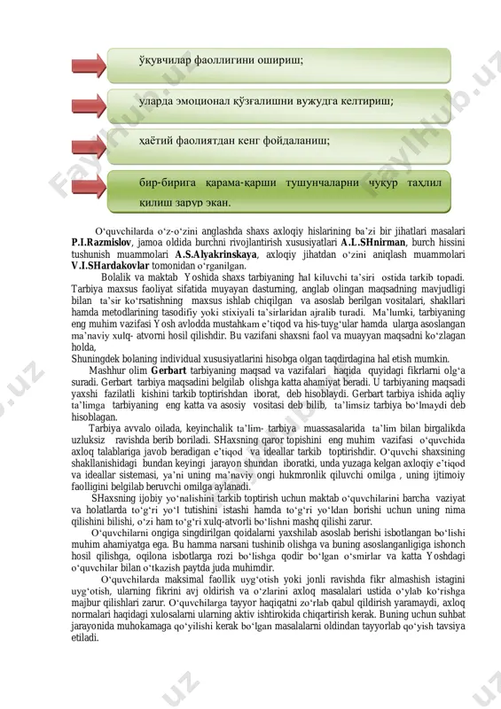 yatsiz erkinlik – bu o‘zboshimchalik, palapartishlik hisoblanadi. erkinliksiz majburiyat esa – bu qullikdir. unisi yoki bunisi o‘zaro bir- birini to‘ldirganda yoki bog‘langanda mustaqil mavjud bo‘lishi mumkin. majburiyatni yana boshqacha talqin qilinsa, insonning o‘z ixtiyori bilan jamiyat hayoti va boshqa insonlar taqdiri uchun javobgarlikni o‘z ustiga olishi tushuniladi. hozirgi zamon tarbiyasining umumiy maqsadi bolani yuksak ahloqli, ruhiy jihatdan boy, qalban ozod, erkin, burch va majburiyatni his qila oladigan shaxs sifatida shakllantira olishdir. tarbiyaning umumiy maqsadi bilan bir qatorda maxsus ijtimoiy maqsadlari ham kelib chiqishi mumkin. ular tarixning ma’lum davrida o‘zgaruvchan talablar bilan jamiyat taraqqiyotining dolzarb muammolarini bayon etishi va rivojlanishiga hissa qo‘shishi lozim. ma’lum vaqtdan so‘ng jamiyat taraqqiyoti o‘zining bir bosqichidan o‘tgandan keyin rivojlanish davom etsa, bu talablar ham o‘zgarishi mumkin. тарбиянинг бош вазифаси - жамият ҳаётида зарур бўлган керакли сифатларни ўзида мужассамлаштирган шахсни шакллантириш ва ривожлантиришдан иборат. tarbiyaning jamiyat taraqqiyotining zamonaviy rivojlanish bosqichlariga javob bera oladigan maxsus maqsad va vazifalari …
