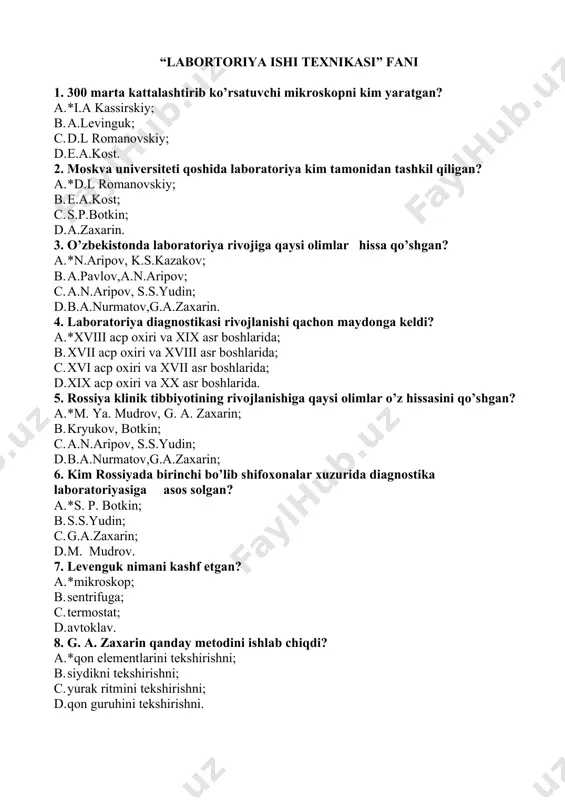 aga chidamli mikroblar ko’payadi; 1. kislota ph o’zgarib ketadi; 1. chidamlilik. 23. ventilatsion shkafda nima maqsadda foydalaniladi? a. *kimyoviy reaksiya ajratmalari honaga tarqamasligi uchun; b. reaksiyashiddat bilan ketishi uchun; c. reaksiya sekin kerishi uchun; d. reaksiyani to’xtatib turish uchun. 24. pipetka bilan ishlaganda nima taqiqlanadi? 1. *og‘iz bilan so‘rib olish; 1. distillangan suv bilan chayish; 1. geparin bilan chayish; 1. xloramin eritmasida zararsizlantirish. 25. xavfli reaktivlar qaerda saqlanishi kerak? 1. *alohida shkafning pastki qatorida; 1. qutida; 1. erto’lada; 1. ochiq binoda. 26. yorug‘lik ta’sirida o‘z xossalarini yo‘qotib qo‘yadigan dezinfeksiyalovchi vositalar qaerda va qanday saqlanadi? 1. *qora shisha idish yoki qora qog‘oz bilan o‘ralgan shisha idishda; 1. oq shisha idish yoki oq qog‘oz bilan o‘ralgan shisha idishda; 1. sariq shisha idish yoki sariq qog‘oz bilan o‘ralgan shisha idishda; 1. plastik idishda 27. konsentrlangan gipoxlorid nima uchun salqin joyda saqladi? 1. *xlor issiqda bug‘lanib ketadi 1. rangi o’zgaradi; 1. bakteriyalar ko’payadi; 1. …
