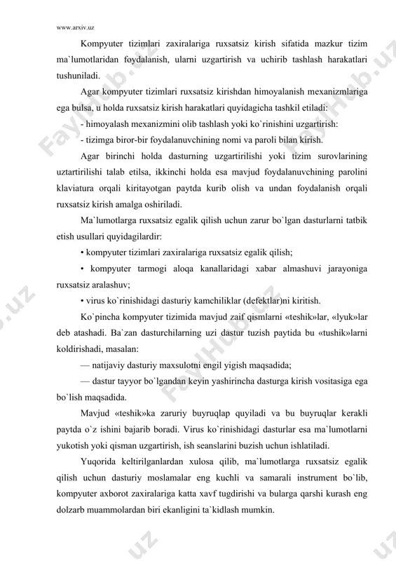 sh eng dolzarb muammolardan biri ekanligini ta`kidlash mumkin. foydalanilgan adabiyotlar: 1. jеl`nikov v. kriptografiya ot papirusa do komp`yutеra. m.: abf, 1997. – 2. nil`s fеrgyuson, bryus shnayеr «praktichеskaya kriptografiya», m.: izdatеl`skiy dom «vil`yams», 2005g.-424s. 3. pеtrov a.a. «komp`yutеrnaya bеzopasnost`. kriptografichеskiе mеtodi zaҳiti», m.: dmk, 2000g. -448s. 4. koblits n. kurs tеorii chisеl v kriptografii. – m., nauchnoе izdatеl`stvo tvp, 5. maslеnnikov a. praktichеskaya kriptografiya bhv – spb 2003y. 6. shnayеr bryus. prikladnaya kriptografiya. protokoli, algoritmi, isxodniе tеksti na yazikе si. triumf-2002y. 7. barichеv s. osnovi sovrеmеnnoy kriptografii. uchеbniy kurs. goryachaya liniya tеlеkom 2002y. 8. g`aniеv s.k.,karimov m.m. hisoblash sistеmalari va tarmoqlarida informatsiya himoyasi: oliy o`quv yurt.talab. uchun o`quv qo`llanma.- toshkеnt davlat tеxnika univеrsitеti, 2003. 77 b. 9. www.ziyonet.uz 10. www.uzedu.uz