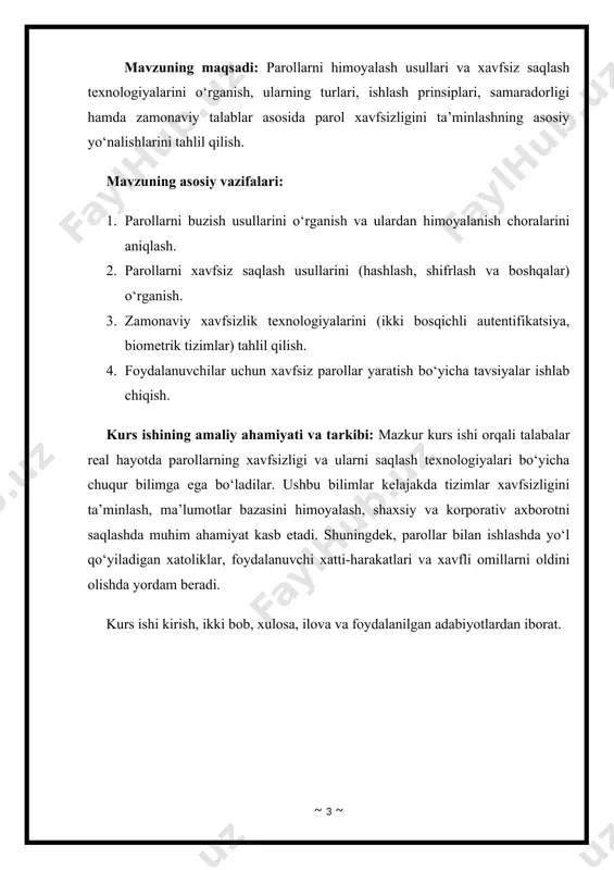 o‘lgan axborotni begona shaxslar aralashuvidan himoyalashga intiladi. shu ma’noda parollar axborot xavfsizligining asosiy komponentlaridan biri sifatida qaraladi. parol — bu foydalanuvchi tomonidan belgilangan va faqatgina u bilishi lozim bo‘lgan maxfiy belgilar ketma-ketligidir. parol yordamida axborot resurslariga kirish imkoniyati cheklanadi va faqat ruxsat etilgan foydalanuvchilar bu ma’lumotlarga ega bo‘lishi mumkin. axborot xavfsizligi uchta muhim tamoyil asosida quriladi: maxfiylik (confidentiality), yaxlitlik (integrity) va mavjudlik (availability). parollar ushbu uch tamoyil ichida ayniqsa maxfiylikni ta’minlashda muhim rol o‘ynaydi. maxfiylik deganda, ma’lumotlarga faqat tegishli shaxslar yoki tizimlar kirish huquqiga ega bo‘lishi tushuniladi. parol bo‘lmagan taqdirda, har qanday foydalanuvchi yoki yovuz niyatli kishi (hacker) tizimga osongina kirib, muhim axborotni qo‘lga kiritishi mumkin. parollarni himoya vositasi sifatida qo‘llash tarixan dastlabki kompyuter tizimlarida paydo bo‘lgan. ilk operatsion tizimlar foydalanuvchini identifikatsiyalash va autentifikatsiyalash uchun oddiy parollardan foydalangan. dastlab parollar matnli fayllarda saqlangan va hech qanday shifrlash qo‘llanilmagan. bunday oddiy usullar dastlabki yillarda yetarli bo‘lgan bo‘lsa-da, kompyuter xakerligi va ijtimoiy …