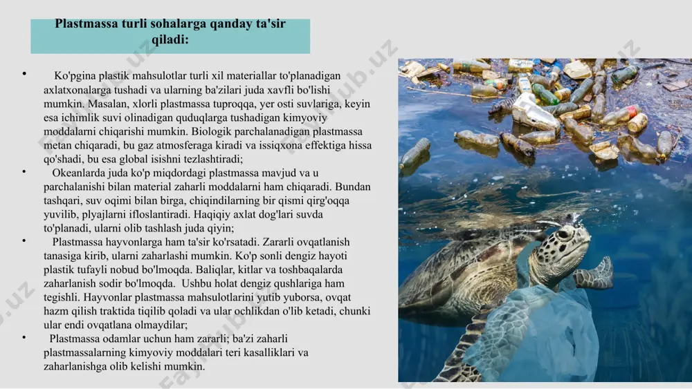 as. murakkab qayta ishlash tehnologiyalari bu qattiq plastmassa chiqindilarini gazsimon yoki suyuq xomashyoga aylantirishning texnologik jarayoni bo'lib, uni har qanday plastik mahsulot yoki qadoqlashda ishlatish uchun yangi plastmassa tayyorlash uchun qayta ishlatish mumkin. 7) madaniyatning yetishmasligi: odamlarda atrof-muhit ekologiyasi haqida bilimlarning yetishmasligi antisanitar shart-sharoitlarga moslashib ketishi ham muhim omillardan biri. 8) plastik chiqindilarni noto'g'ri boshqaruvi: chiqindilarni yig’ish, saqlash va qayta ishlash bo’yicha infratuzilmaning mavjud emasligi. 9) oʻrinbosar mahsulotlar tannarxining yuqoriligi: zanglamaydigan po'lat, shisha, yog’och, platinali silikon, tabiiy tolali mato, bambuk, qog’oz, tabiiy kauchuk, kulolchilik buyumlari va boshqalar plastikka qaraganda nisbatan qimmat tannarxga ega hisoblanadi. 10) qonun va tartiblarning mavjud emasligi: plastikdan foydalanishda ta’qiqlovchi qonun-qoidalarning mavjud emasligi ham muammoga sabab bo’luvchi omil. muammoni keltirib chiqaruvchi omillar bogʻliqligini koʻrsatuvchi grafik plastik chiqindilarni noto'g'ri boshqaruvi madaniyatning yetishmasligi plastikni qayta ishlashda bilimsizlik qonun va tartiblarning mavjud emasligi oʻrinbosar mahsulotlar tannarxining yuqoriligi plastik qadoqlash ishlab chiqarishda ishlatiladigan birikmalar bir martalik plastik buyumlardan ortiqcha foydalanish plastik …