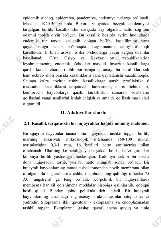 htirok etadi. 17 bir hujayrali hayvonlar oziqlanish usuliga binoan autotroflar, geterotroflar va miksotroflarga ajraladi. ushbu hayvonlarning bir guruhi o’z tanasida mavjud bo’lgan xromotoforalari yordamida yorug’da anorganik birikmalardan organik birikmalarni sintezlasa (autotrof oziqlanish), boshqa bir guruhi tayyor oziqani tashqi muhitdan butun tana yuzasi orqali diffuz (pinositoz) usulda so’rib olsa, uchinchi guruhi oziqa zarrasini sohta oyoqlari yoki tanasi yordamida qamrab (fagositoz) sitoplazmaga o’tkazadi. sitoplazmaga o’tgan oziqa zarrasi atrofini oziqni qayta ishlovchi shiralar o’rab, hazm qilish vakuoliga aylanadi. nihoyat bir hujayralilarning boshqa bir guruhida oziqani qabul qilish uchun og’iz teshikchasi (sitostom) va ovqatni hazm qilish va hazm bo’lmay qolgan qismini tashqariga chiqarib tashlovchi teshik (sitoprokt) bo’ladi. bunday bir hujayralilarda ovqatni hazm qiluvchi sistema shakllangan deb hisoblash mumkin. bir hujayrali hayvonlar jinssiz va jinsiy usullarda ko’payadi. jinssiz ko’payish ikkiga bo’linish (ko’ndalangiga yoki bo’ylama), kurtaklanish va shizogoniya yo’li bilan amalga oshadi. jinsiy ko’payish esa gametalar (teng gametalar yoki makro va mikrogameta) hosil qilish (kolonial holda …