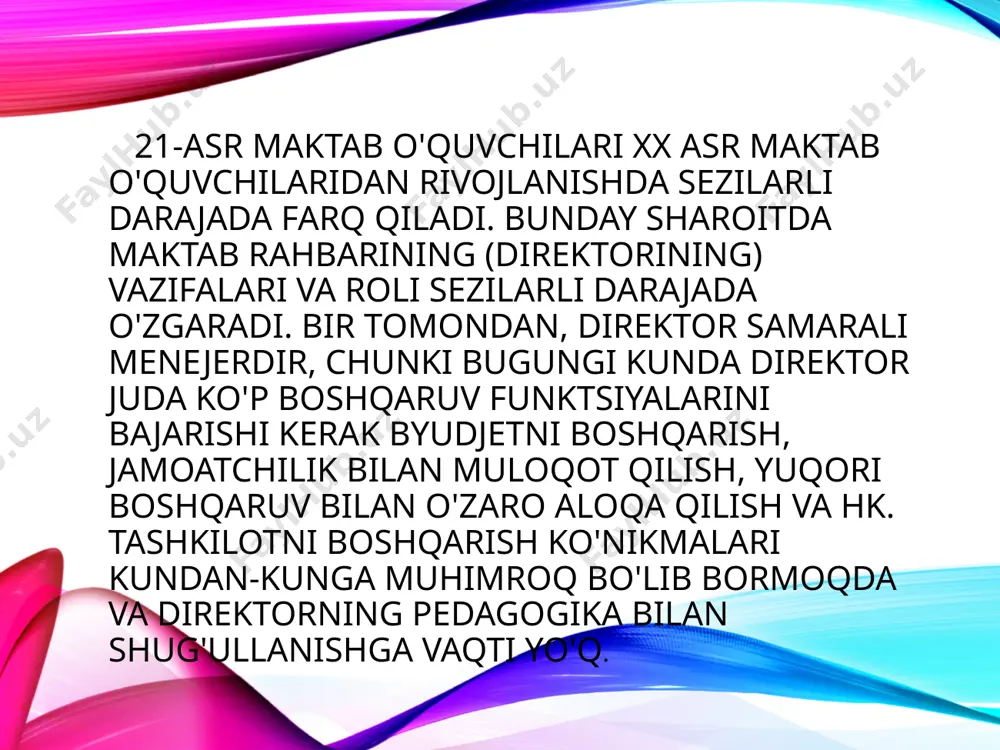 ng boshqaruv faoliyati sohasida bilim, ko'nikma va -malakalarning yetishmasligi; -menejerning ijodkorligi yo'qligi; -o'zini boshqara olmaslik; -guruhni boshqara olmaslik; -xodimlarga nisbatan do'stona munosabat; -shaxsiy o'sish istagi yo'qligi; -xodimlarni rag'batlantirishning mumkin emasligi; -bo'ysunuvchilar bilan muloqot qilishda qiyinchiliklar kamoliddin gʼopirov ( 1949-yil, 26 dekabr, andijon viloyati) — oʼzbekiston qahramoni, o'zbekistonda xizmat ko'rsatgan xalq ta'limi xodimi. 1. o'zbekiston xdp a`zosi, 2009-2014 yillarda 24-bo'ston saylov okrugidan xalq deputatlari tuman kengashiga, 2015 - 2019 yillarda xalq deputatlari andijon viloyati kengashi deputati etib saylangan 2.shu kunga qadar k.g'opirovning ilmiy-ijodiy ishlari mahsuli sifatida 31 nomdagi , 2002 - 2004 yillarda umumta'lim maktablarining 7-, 8-, 9-sinflari uchun kimyo fanidan darsliklar va shu sinflarda kimyo fani o'qituvchilari uchun metodik qo'llanmalar chop etilgan. 3.2006-yildan shu kunga qadar andijon davlat universitetining “umumiy kimyo” kafedrasida dotsent lavozimida talabalarga “kimyodan masalalar yechish”, “kimyo fanini o'qitishda zamonaviy pedagogik texnologiya” fanlaridan dars beradi. 4.u “o‘zbekistonda xizmat ko‘rsatgan xalq ta’limi xodimi”, bir necha marta “mustaqillik nishonlari”, 2007 …