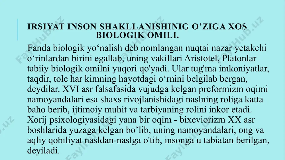 har tomonlama rivojlanishga qodir, degan xulosani chiqarish mumkin. zamonaviy pedagogikada shaxs shakllanishiga doir to‘rt yondashuv qaror topgan. 1. biologik yondashuv - inson tabiiy mavjudot bo‘lib, uning butun xatti-harakatlari tug‘ma instinkt va ehtiyojlar natijasidir. inson jamiyat talablariga bo‘ysunishga majbur, shu bilan birga tabiiy ehtiyojlarini ham namoyon qilib boradi. 2. ijtimoiy yondashuv - inson biologik mavjudot sifatida tug'iladi, faqat hayotiy faoliyati davomida boshqalar bilan doimiy muloqot va ijtimoiy guruhlaming ta’siri ostida ijtimoiylashadi. 3. psixologik yondashuv - insondagi psixik jarayonlar (sezgi, idrok, fikrlash kabilar) tabiiy tavsifga ega, insonning yo‘nalganligi — qiziqishlari, qobiliyatlari ijtimoiy hodisa sanaladi. 4. yaxlit yondashuv - shaxs yaxlit tavsifga ega bo‘lib, uning rivojiga nafaqat uning faoliyatidagi o‘ziga xosliklar, balki turmush tarzi ham ta’sir ko‘rsatadi. shu bilan birga ijtimoiy hayot natijalari - motiv, maqsad, qiziqish kabilar ham uning rivojlanishida muhim rol o'ynaydi. shaxs rivojlanishining gender xususiyatlari. “gender” atamasi 1968-vilda ameriblik psixolog olim stoller tomonidan ilmiy iste’molga kiritilgan bo'lib, “jins” ma’nosini bildiradi. …