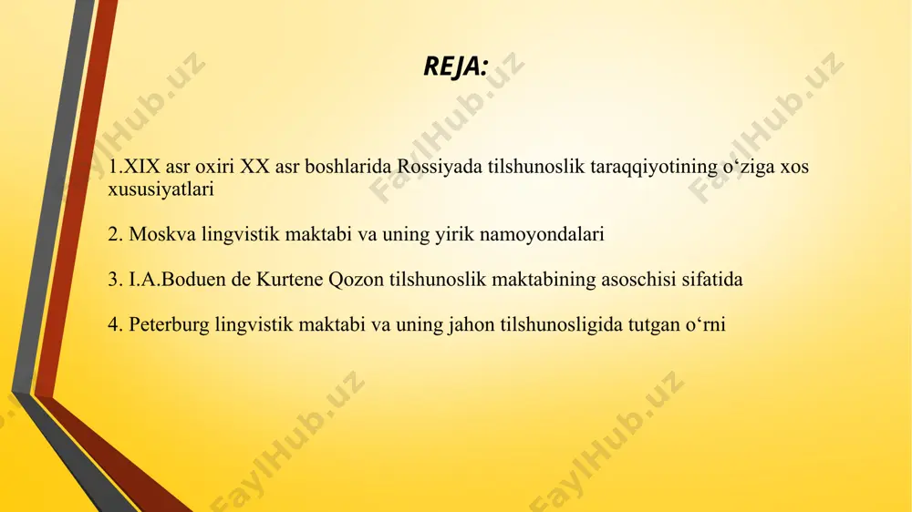 ijtimoiy hodisa deb qaraydi va uning taraqqiyotini, undagi o`zgarishlarni jamiyatning taraqqiyoti va undagi o`zgarishlardan ko`radi. ikkinchi tomondan esa, tilning ichki taraqqiyotini har bir shaxsning individual faoliyatiga bog`laydi. shuning uchun u tafakkur bilan nutq orasidagi munosabat problemasini ilgari surib, uni assotsiativ psixologiyadagi subyektiv-idealistik nuqtai nazardan hal qilmoqchi bo`ladi. yosh grammatikachilar ta`siri ostida subyektiv-idealistik pozitsiyada turib, tildagi o`zgarishlarning yuz berishida analogiyaning (assotsiatsiyaning) roliga ahamiyat beradi. f.fortunatovning tilga bunday ikki tomonlama (o`z mohiyatiga ko`ra qarama-qarshi) fikr asosida yondoshishi tilning tashqi va ichki tarixi haqidagi ta`limotida o`z aksini topgan. qozon lingvistik maktabi moskva maktabi bilan bir qatorda xix asr oxirlarida qozon universitetida ham alohida lingvistik maktab maydonga keldi. unga mashhur rus va polyak tilshunosi ivan (yan) aleksandrovich (ignansi) boduen de kurtene (netsislav) (1845-1929) rahbarlik qildi. 1870-yilda leypsigda “xiv asrgacha bo`lgan qadimgi polyak tili haqida” nomli mashhur asari bosmadan chiqadi. 1874-yilda esa doktorlik dissertatsiyasini (“rezyan shevalarining fonetikasini o`rganish tajribasi”) himoya qiladi, shu yili qo`zon universitetida …