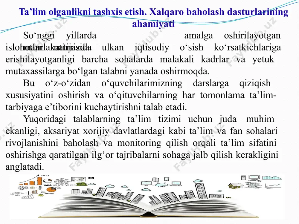 miy yutuqlarini baholash xalqaro dasturi pirls – matnni o‘qish va tushunish darajasini aniqlovchi xalqaro tadqiqot timss – maktabda matematika va aniq fanlar sifatini tadqiq qiluvchi xalqaro monitoring talis – o’qitish va o’rganish xalqaro tadqiqoti qanday xalqaro baholash dasturlari mavjud? kabi bir qator xalqaro dasturlar mavjud bo‘lib, ular rivojlangan davlatlardagi ta’lim sifatini yanada oshirishdagi mezon sifatida keng qo‘llanilmoqda. pirls- the progress in international reading literacy study pirls - progress in international reading and literacy study 7 4-sinf o‘quvchilarining matnni o‘qish va tushunish mo‘ljallangan. boshlang‘ich ta’lim-tarbiya darajasini baholashga mazkur xalqaro dastur sinflarda tashkil etiladigan jarayonida o‘quvchilarning o‘qilgan matnni tushunishi, uni sharhlashi, mustaqil hayotda to‘g‘ri qarorlar qabul qilishi orqali ta’limning keyingi bosqichida o‘qishni muvaffaqiyatli davom ettirishga zamin tayyorlaydi. timss – the trends in international mathematics and science study timss – matematika va tabiiy fanlarni o‘zlashtirish sifatini xalqaro monitoring qilish va baholash tizimi. bu tadqiqot o‘quvchilarning matematika va tabiiy fanlar bo‘yicha boshlang‘ich maktabning 4 …