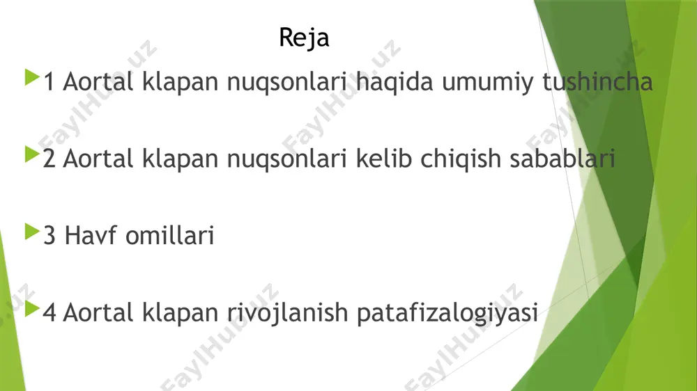 olaligida revmatik isitmani boshdan kechirishgan, ammo bu har doim ham yurak shikastlanishini anglatmaydi. turli kasalliklar. boshqa noyob kasalliklar aorta qopqog'ining deformatsiyasiga va regurgitatsiyaning rivojlanishiga, shu jumladan marfan sindromiga olib kelishi mumkin. jarohatlar. aorta qopqog'i sohasidagi aortaning shikastlanishi, masalan, ko'krak qafasidagi shikastlanishlar ham qon oqimining buzilishiga olib kelishi mumkin. havf omillari *keksa yosh *tug'ma yurak nuqsonlari *yuqumli yallig'lanish bilan kasalanish oqibatida kelib chiqishi mumkin *buyrak kasalligi *agar bemor saraton kasalligi uchun radioterapiya bilan davolangan bo'lsa: asorati: aorta qopqog'idagi nuqsonlar bo’lishi mumkun *yurak xuruji yoki miokard infarkti *yurak ritmining buzilishi agar bu havf omillar oz vaqtida aniqlanib tegishli chora tadbir ko’rilmasa o'lim, bunda odamda hamma narsa juda tezlik bilan ro’y beradi va juda tez o'limga olib keladi, bu to'satdan o'lim sindromi deb ataladi. aortal klapan rivojlanish patafizalogiyasi aorta stenozining patofiziologiyasi aorta etishmovchiligi aorta stenoz bilan birga bo'lishi mumkin va klinik jihatdan ahamiyatli.aorta stenoz bilan og'rigan bemorlarning taxminan 60% 60 yoshdan oshgan. aorta …
