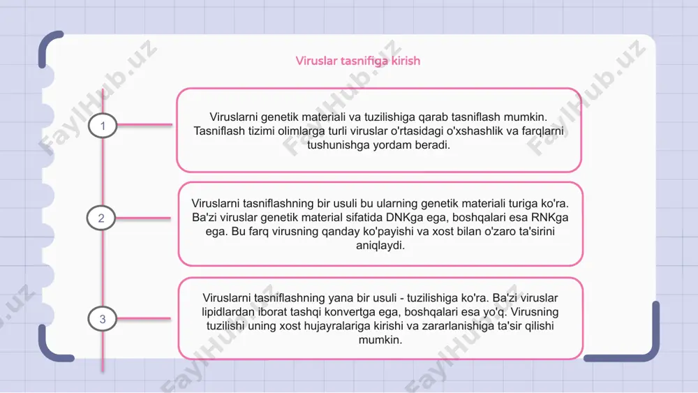 viruslarni tasniflashda izchillik va ravshanlikni ta'minlash uchun xalqaro viruslar taksonomiyasi qo'mitasi (ictv) ko'rsatmalariga asoslangan viruslarni nomlash tizimiga ishora qiladi. genetik material asosida tasniflash viruslarni tasniflash ularning genetik materialiga asoslanadi. viruslarda genetik materialning ikkita asosiy turi mavjud: dnk va rnk. dnk viruslari o'zlarining genetik materiali sifatida dnkga ega bo'lib, ular bir yoki ikki zanjirli bo'lishi mumkin. dnk viruslariga gerpes viruslari va retroviruslar misol bo'ladi. rnk viruslari esa genetik material sifatida rnkga ega. bu, shuningdek, bir ipli yoki ikki ipli bo'lishi mumkin. rnk viruslariga misol qilib gripp viruslari va oiv kiradi. morfologiyaga asoslangan tasnif viruslarni morfologiyaga qarab tasniflash ularni tartibga solish va turkumlashtirishning keng tarqalgan usuli hisoblanadi. morfologiyaning bir necha xil turlari mavjud, ular orasida spiral, ikosahedral va murakkab. spiral viruslar prujinaga o'xshash o'ralgan shaklga ega va ularning genetik materiali odatda oqsil qobig'ida joylashgan. ikosaedral viruslar sharsimon shaklga ega va muntazam panjarali tuzilishga ega. murakkab viruslar murakkabroq tuzilishga ega bo'lib, bir nechta …