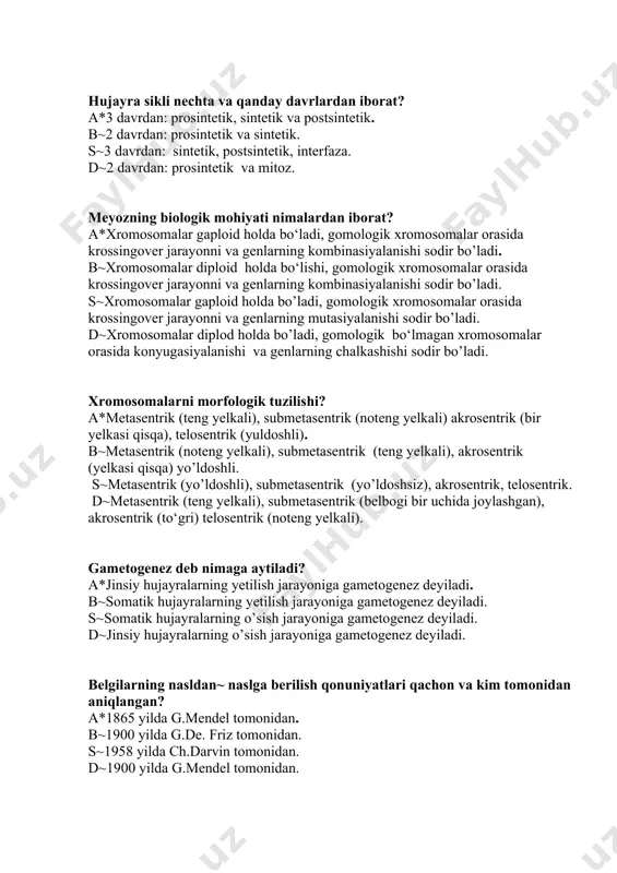 mitoz. meyozning biologik mohiyati nimalardan iborat? a*xromosomalar gaploid holda bo‘ladi, gomologik xromosomalar orasida krossingover jarayonni va genlarning kombinasiyalanishi sodir bo’ladi. b~xromosomalar diploid holda bo‘lishi, gomologik xromosomalar orasida krossingover jarayonni va genlarning kombinasiyalanishi sodir bo’ladi. s~xromosomalar gaploid holda bo’ladi, gomologik xromosomalar orasida krossingover jarayonni va genlarning mutasiyalanishi sodir bo’ladi. d~xromosomalar diplod holda bo’ladi, gomologik bo‘lmagan xromosomalar orasida konyugasiyalanishi va genlarning chalkashishi sodir bo’ladi. xromosomalarni morfologik tuzilishi? a*metasentrik (teng yelkali), submetasentrik (noteng yelkali) akrosentrik (bir yelkasi qisqa), telosentrik (yuldoshli). b~metasentrik (noteng yelkali), submetasentrik (teng yelkali), akrosentrik (yelkasi qisqa) yo’ldoshli. s~metasentrik (yo’ldoshli), submetasentrik (yo’ldoshsiz), akrosentrik, telosentrik. d~metasentrik (teng yelkali), submetasentrik (belbogi bir uchida joylashgan), akrosentrik (to‘gri) telosentrik (noteng yelkali). gametogenez deb nimaga aytiladi? a*jinsiy hujayralarning yetilish jarayoniga gametogenez deyiladi. b~somatik hujayralarning yetilish jarayoniga gametogenez deyiladi. s~somatik hujayralarning o’sish jarayoniga gametogenez deyiladi. d~jinsiy hujayralarning o’sish jarayoniga gametogenez deyiladi. belgilarning nasldan~ naslga berilish qonuniyatlari qachon va kim tomonidan aniqlangan? a*1865 yilda g.mendel tomonidan. b~1900 yilda …