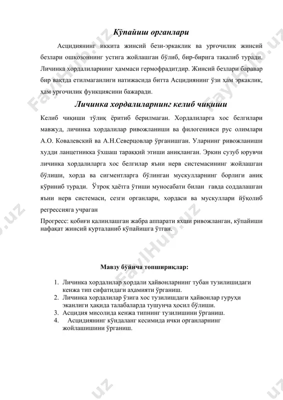 vchi lichinka xordalilarga xos belgilar ya'ni nerv sistemasining joylashgan bo'lishi, xorda va sigmentlarga bo'lingan muskullarning borligi aniq ko'rinib turadi. o'troq hayotga o'tishi munosabati bilan gavda soddalashgan ya'ni nerv sistemasi, sezgi organlari, xordasi va muskullari yo'qolib regressiyaga uchragan progress: qobig'i qalinlashgan jabra apparati yaxshi rivojlangan, ko'payishi nafaqat jinsiy kurtalanib ko'payishga o'tgan. mavzu bo'yicha topshiriqlar: 1. lichinka xordalilar xordali hayvonlarning tuban tuzilishidagi kenja tip sifatidagi ahamiyati o'rganish. 1. lichinka xordalilar o'ziga xos tuzilishdagi hayvonlar guruhi ekanligi haqida talabalarda tushuncha hosil bo'lishi. 1. astsidiya misolida kenja tipning tuzilishini o'rganish. 1. astsidiyaning ko'ndalang kesimida ichki organlarning joylashishini o'rganish. image1.emf image2.emf