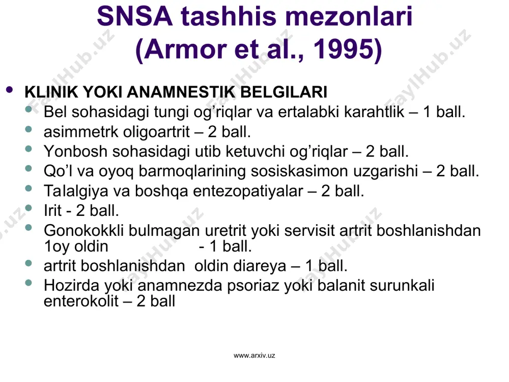tik (qo'zg'atuvchisi : iersiniyalar, shigellalar, salmonellalar) www.arxiv.uz www.arxiv.uz * tarqalganligi ramn revmatologiya instituti ma’lumotlariga ko’ra rea barcha revmatik kasalliklarning 10-14% ini tashkil qiladi. ulardan 50-75% rea ning urogen etiologiyali turiga to’g’ri keladi. uzr respublika revmatologiya markazi ma’lumotlariga ko’ra revmatik kasalliklar bilan murojaat qilgan bemorlar 1998 y – 20%, 2003 yilda 24% ni tashkil qilgan www.arxiv.uz www.arxiv.uz * reaktiv artritlar kelib chiqishida infeksiya va genetik moyillikka katta ahamiyat beriladi. 70-80% hollarda urogen artritlar hlamidiy infeksiyasi bilan bog’liq 10-20% bemorlarda ureaplasma urealyticum aniqlanishi mumkin ayni vaqtda 10-20% bemorlarda infeksion omilni aniqlab bo’lmaydi www.arxiv.uz www.arxiv.uz * kechishi bo’yicha: o’tkir (birlamchi bo’gim hujumi 6 oygacha) cho’zilgan (1 yilgacha); surunkali (1 yildan); residivlanuvchi (kasallikning 6 oydan kam bo’lmagan remissiyasidan keyin bo’gim huruji rivojlanishi) www.arxiv.uz www.arxiv.uz * klinika. bo'g'im zararlanishi uretrit yoki diareya ko'z zararlanishi (kon’yuktivit, irit) oyoq panjasi barmoqlarining sosiskasimon defigurasiyasi tovon sohasidagi og'riq va shish qonda revmatoid faktorning yo'qligi hla-b-27 ning borligi tovon shporalarning …