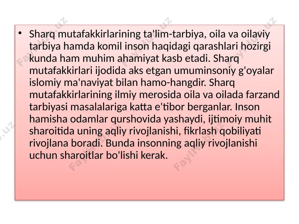 ti kattadir. qadriyat bu jamiyat, inson va insoniyat uchun ahamiyatli bo‘lgan barcha narsa, hodisa va voqyealar, erkinlik, ezgulik, tenglik, tinchlik, haqiqat, ma'rifat, madaniyat, moddiy va ma'naviy boyliklar, obida-yodgorliklar, go‘zallik, axloqiy xislat va fazilatlar, an'ana, urf-odat, udum va boshqalar qadriyat hisoblanadi4. inson butun umri davomida, son-sanoqsiz qadriyatlar olamida yashaydi. ana shu milliy qadriyatlarimizdan biri o‘rta osiyo mutafakkirlarining ijtimoiy muhit va ta'lim- tarbiyaning aloqadorligi haqidagi qimmatli fikrlaridir. abu nasr forobiy (873 - 950) o'rta asr ijtimoiy – falsafiy fikr taraqqiyoti mutafakkir abu nasr forobiy nomi bilan bog’liq bo'lib, uning inson kamoloti xaqidagi ta'limoti ta'lim – tarbiya soxasida katta axamiyatga ega. mashxur yunon faylasufi arastudan kеyin sharqda o'z bilimi, fikr doirasining kеngligi bilan nom chiqargan forobiyni yirik mutafakkir – «muallimiy soniy» - «ikkinchi muallim» dеb ataydilar. abu nasr forobiy (to'liq nomi abu nasr muxammad ibn muxammad ibn uzaliq ibn tarxon al-forobiy) xijriy 260 yil (milodiy 873 yil) da shosh – toshkеntga yaqin forob …