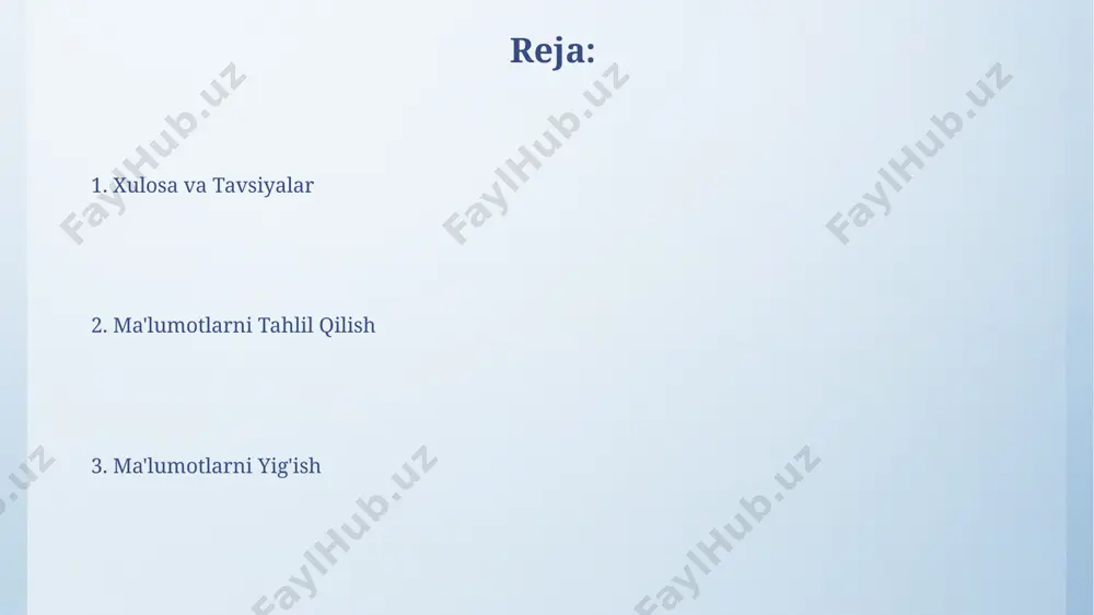 hliligi surveylar natijalarining ishonchliligini ta'minlash uchun, ma'lumotlarni to'plash jarayonida kamida 3 marta tekshirish kerak. masalan, andijon viloyatida o'tkazilgan tadqiqotda bu yondashuv 8% xatolikni kamaytirdi. ma'lumotlar to'plamining to'liqligi kamida 95% ni tashkil qilishi kerak, aks holda samarqand viloyati bo'yicha o'tkazilgan so'rov natijalari ishonchsiz bo'ladi va statistik xatolik chegarasi 5% dan oshib ketishi mumkin. grafik va jadvallarni yaratish grafiklarni yaratishda, masalan, 2023 yilgi toshkent shahridagi aholining yosh guruhlari bo'yicha taqsimlanishini ko'rsatuvchi ustun diagrammasida, 5 ta yosh toifasi va ularning soni aniq ko'rsatilishi kerak. samarqand viloyatida 2022 yilgi paxta hosilining miqdorini aks ettiruvchi chiziqli grafikda, har bir oy uchun o'rtacha hosildorlik ko'rsatkichlari (kg/ga) va ularning o'sish yoki pasayish dinamikasi aniq ko'rsatilishi lozim. ma'lumotlarni tozalash va tayyorlash ma'lumotlarni tozalash jarayoni, o'rtacha 20% dan 50% gacha vaqt talab qiladi, bu esa loyihaning umumiy muddatiga sezilarli ta'sir ko'rsatishi mumkin, ayniqsa, katta hajmdagi ma'lumotlar bazalari, masalan, toshkent shahridagi katta korxonalarning ma'lumotlari kabi. noaniq yoki yo'qolgan qiymatlarni (masalan, …