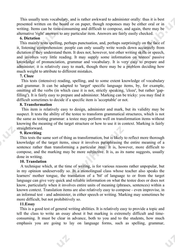 is fairly time-consuming, the process of comprehension of the actual question items may take more time and effort than the point ostensibly tested, which raises problems of validity. another important problem is that good multiple-choice questions are surprisingly difficult to design: they often come out ambiguous, or with no clear right answer, or with their solutions over-obvious. they are to be approached with caution! 4. gap-filling and completion this usually tests grammar or vocabulary, as in the examples. it is tedious to compose, though not so difficult as multiple-choice; it is more easily administered in writing than in speech; the marking is usually simple. you may need to be aware that there is more than one possible right answer. 5. matching this usually tests vocabulary, and is rather awkward to administer orally: thus it is best presented written on the board or on paper, though responses may be either oral …