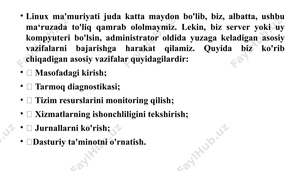 'tkazish uchun biz avval tar bilan arxiv yaratdik: $ tar cvzf backup.tar.gz /papka/fayllar p variantini ko'chirib o'tkazish shart emas, shuning uchun fayllar uchun huquqlar saqlanmasin, keyin huquqlarni qo'lda o'rnatishingiz kerak bo'ladi. arxiv tayyor bo'lgach, uni serverga o'tkazish uchun scp nusxasini ishlatamiz: $ scp backup.tar.gz user@ip_сервера:/var/www/public_html/ keyin serverga kirish va arxivni ochish: $ ssh user@ip_server manzili $ cd /var/www/public_html/ $ tar xvzf backup.tar.gz shundan so'ng, veb-serverning foydalanuvchi nomiga ochilmagan ma'lumot egasini o'zgartirishni davom ettiradi: linux tarmog`i diagnostikasi. linux serverlarini boshqarishning ushbu daqiqasi sizning jismoniy kirishingiz bo'lgan kompyuterlar uchun juda mos keladi, biroq ba'zi hollarda serverda ham foydali bo'lishi mumkin. kompyuterda tarmoqqa kirish imkoni mavjudligini tekshirishning eng oson yo'li ping buyrug'ini ishlatishdir: $ ping ya.ru (ushbu buyruqning terminaldagi ko`rinishi). buyruqlar to'g'ri ishlayotgan bo'lsa va paketlarni uzoqda joylashgan tugunga uzatishni ko'rsangiz, unda hamma narsa yaxshi. agar bo'lmasa, buning sababini tushunmoqchiman. ushbu ulanish uchun ip manzili va tarmoq niqobi ko'rsatilganligini tekshirish: $ ifconfig (ushbu …