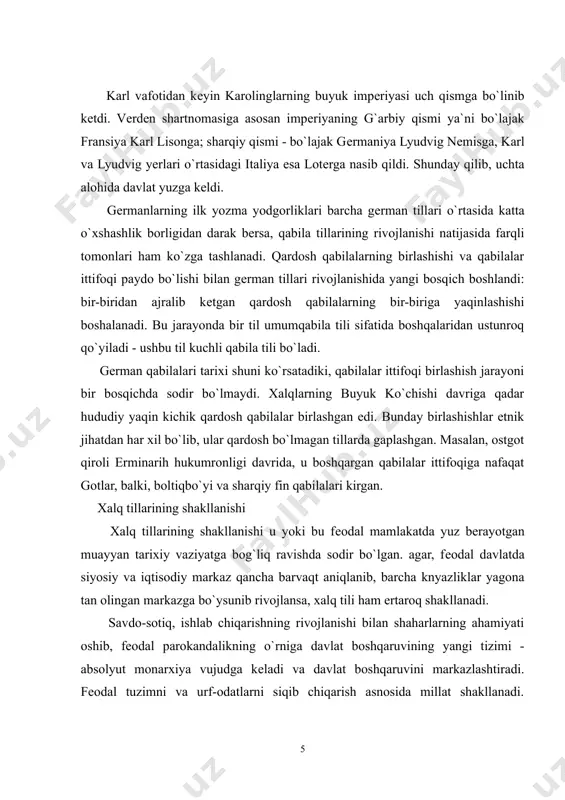 jlanishi, aholi o`rtasida madaniyatning tarqalishi, ommaviy axborot vositalarining yangi, qudratli ko`rinishlari, radio, tеlеvidеniyaning paydo bo`lishi bilan milliy tilning og`zaki shakli yozma shakl ta`sirida ma`lum normaga tushadi[footnoteref:2]. [2: иванова и.т. хрестоматия по истории английского языка. - л: просвещение, 1973.-310 с. ] sharqiy gеrman tillari guruhi qadimgi gеrman tillari uchta katta guruhga bo`linadi: 1) sharqiy gеrman tillari, bunga got tili kiradi; 2) shimoliy gеrman tillari - skandinav tillari, buning tarkibiga qadimgi shimoliy tillar, ya`ni qadimgi shvеd, qadimgi norvеg, qadimgi island, qadimgi daniyaliklar tillari; 3) g`arbiy gеrman tillari - qadimgi yuqori nеmis tili, qadimgi ingliz tili, qadimgi sakson tili, quyi frank va friz tillari. sharqiy gеrman tillariga asosan gotlar mansub bo`lib, ular o`zlarini gut ђiuda - gutlar xalqi dеb atashadi. dastlab, gotlar shimol tomon, dunaydan dnеprgacha tarqaladilar. 3 asr o`rtalarida gotlar rim impеriyasiga hujum qiladi. ular ulkan harbiy ittifoqqa birlashib tuzib, bolqon va kichik osiyoga yurish qiladilar. gotlar qora dеngiz sohillarida joylashib, o`sha …