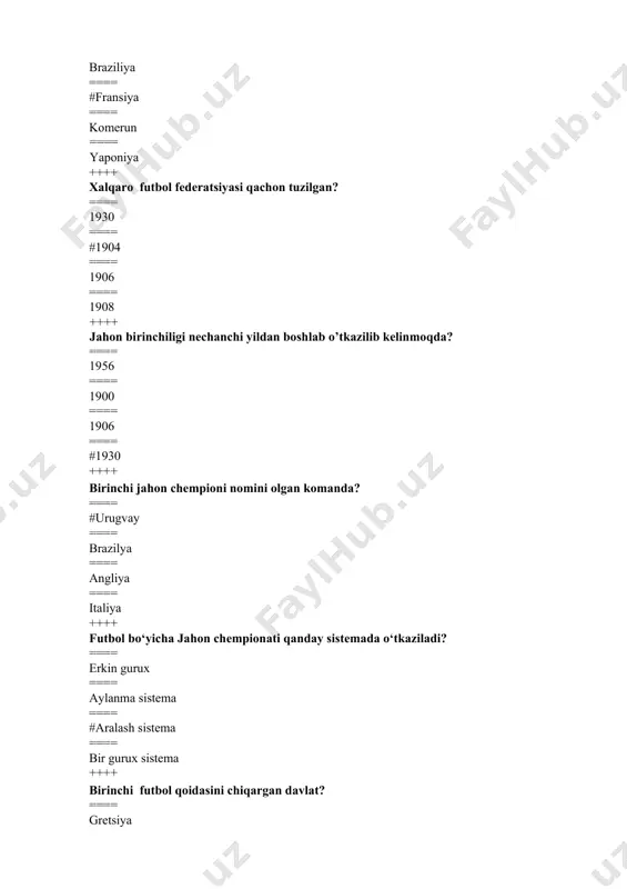nespektori tomonidan xakam kiyimi belgilanadi ++++ burchak to‘pini o‘yinga kiritish maydonning qaeridan amalga oshiriladi? ==== #burchak sektoridan ==== maydon o‘rtasidan ==== jarima maydonchasidan ==== 11 metrlik belgidan ++++ o‘yinda 11 metrlik to‘p tepishda darvozani kim tanlaydi? ==== #o‘yin o‘tkazuvchi xakam ==== darvozbon ==== jamoa kapitan ==== inspektor ++++ maktabda musobaqa tashkil qilishga kerakli xujjatlar? ==== #nizom, komandalar zayavkasi ==== musobaka natijalari ==== musobaka protokoli ==== jamoalar tayorgarligi ++++ futbol bo‘yicha birinchi jahon chempionatida qaysi terma jamoalar faxrli 1-4 o‘rinni egallagan? ==== 1. angliya 2. italiya 3. argentina 4. braziliya ==== 1. italiya 2. argentina 3. yugoslaviya 4. aqsh ==== #1. urugvay 2. argentina 3. aqsh 4. yugoslaviya ==== 1. urugvay 2. frantsiya 3. braziliya 4. rossiya. ++++ futbol bo‘yicha birinchi yevropa chempionatida qaysi terma jamoalar faxrli 1-4 o‘rinni egallagan? ==== #1. sssr 2.yugoslaviya 3. chexoslovakiya 4. frantsiya ==== 1. angliya 2. sssr 3. frantsiya 4. germaniya ==== 1.sssr 2. frantsiya …