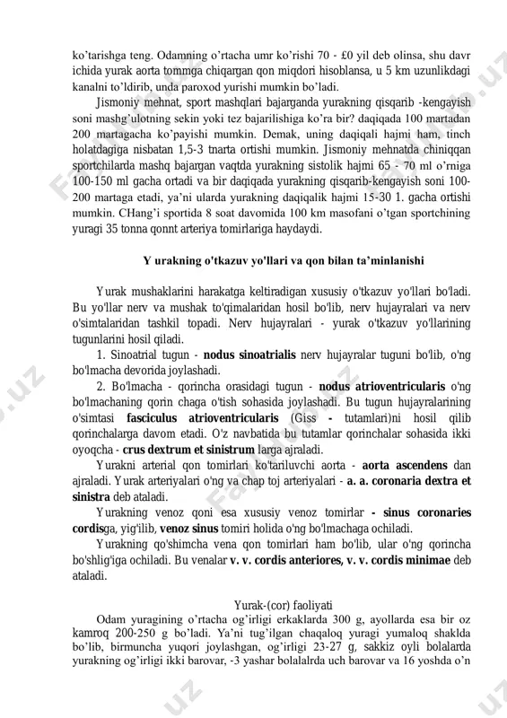 anish tizimining markaziy qismi bo’lib, mnushaklardan tashkil topgan g’ovak a’zodir. har bir dam yuragining hajmi mushtiga yaqin bo’ladi. jismoniy tarbiya va sport bilan shug’ullanuvhci kishilarda yurakning mushaklari yaxshi rivojlanib, uning hajmi boshqalar yuragining hajmiga nisbatan kattaroq bo’ladi. yurak devori uch qavatdan: ichki-endokard, o’rta-mushak, ya’ni miokard va tashqi epikarddan iborat. tashqi pardasi-perikard ikki qavat bo’lib, ichki qavati yurak mushagiga yopishib turadi, tashqi qavati esa xalta sifatida yurakni o’rab turadi. ikkala qavat o’rtasidagi bo’shliq va suyuqlik bo’lib, yurakning qisqarish va kengayish harakatlariga qulaylik tug’diradi. yurakning asosiy ishi nasos singari vena qon tomirlaridagi qonni so’rib, arteriya qon tomirlariga o’tkazishdan iborat. yurakning bu ishi uning bo’lmacha va qorinchalari devoridagi mushaklarning ritmik ravishda qisqarishi (sistolasi) va kengayishi (diastolasi) orqali amalga oshadi. yurakning bo’lmacha va qorinchalarining bir marta qisqarib-bo’shashishi yurakning bir ish sikli (davri) deyiladi. ularning har bir ish sikliga 0,8 soniya sarflanadi, jumladan, bo’lmachalarning qisqarishiga - 0,1 soniya, kengayishiga 0,7 soniya, qorinchalarning qisqarishiga 0,3 soniya, …
