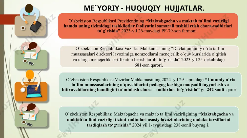 ikmalarini aniqlashga, pedagogik mahoratini sinab ko`rishga hamda ularning kasbiy rivojlanishini ta`minlashga yo`naltirilgan. direktor o`rinbosarligiga nomzod ta`lim sohasida ish tajribasiga ega bo`lishi kamida 5 yillik o`qituvchilik tajribasi talab qilinadi. malaka darajasi: universitet diplomi (odatda magistr) va o`qituvchilik sertifikati bo`lishi zarur. bu sertifikat germaniya ta`lim standartlariga muvofiq bo`lishi kerak. angliyada germaniyada germanya maktablarida direktor o`rinbosarlarini ishga olishning asosiy talablari direktor o`rinbosarlarini ishga olishda malaka darajasi muhim ahamyatga ega nomzodlar tegishli tajribaga ega bo`lishlari kerak o`rinbosarlar tegishli sersifikatlarga ega bo`lishi talab etiladi aloqa boshqaruv ko`nikmalari ham talab etiladi nomzodlar pedagogik qobilyatga ega bo`lishi lozim amaldagi holat (o`zbekistonda) amaldagi holat (xorijda) taklif qiyosiy tahlil etilganligi. ta`lim tizimi rivojlangan tizimli jarayon yo`lga qo`yilgan. misol uchun oliy ta`limni bitirgan talaba diplomi bo`lsada o`qituvchi bo`lishi uchun avval litsenziya va guvohnomaga ega bo`lishi, shundan so`ng ishga kirish uchun xujjatlarni elektron platformaga yuklab chiqishadi xujjatlarni ko`rib chiqish chog`ida va amaliy topshiriqlarni muvaffaqiyatli topshirgan nomzodlargina o`qituvchi bo`ladi. direktor o`rinbosarlari maxsus …