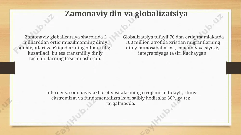 g mavjudligiga olib keladi. islomda “e’tiqod va amaliyot”ning 5ta asosiy ustuni (shahodat, namoz, zakot, ro‘za, haj) mavjud bo‘lib, ular musulmonlarning diniy hayotining muhim elementlarini aks ettiradi. “e’tiqod va amaliyot” tushunchasi 2 asosiy tarkibiy qismdan – shaxsiy e’tiqod (iman) va amaliy ibodatlar (ibodatlar, xayriya va boshqalar)dan iborat bo‘lib, ular bir-biri bilan uzviy bog‘langan. teologiyaning tarixiy rivojlanishi teologiyaning ilk shakllari qadimgi misr, mesopotamiya va yunonistonda, taxminan miloddan avvalgi 3000-yillarda, mifologiya va diniy amaliyotlar bilan chambarchas bog'liq holda paydo bo'lgan. o'rta asrlarda, 5-15-asrlar oralig'ida, xristian teologiyalari, ayniqsa, avgustin va tomas akvinalikning asarlari orqali, falsafa bilan chuqur integratsiyalashgan. protestant islohoti (16-asr) teologiyada fundamental o'zgarishlarni keltirib chiqardi, klassik avtoritetlarni qayta ko'rib chiqish va muqobil diniy tushunchalarni taklif qilish bilan. e'tiboringiz uchun rahmat @taqdimot_robot image3.png image4.png