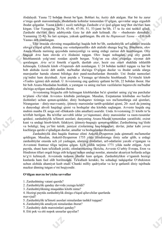 ‘ziga xos bo‘lib, o‘lganlar bir necha past, baland «sukut minoralari» – daxma larga solinadi, u erda murdalarning go‘shtlarini qushlar eb, suyaklarini tozalaydi. go‘shtdan tozalangan suyaklar maxsus sopol idishlarga solinib, minora o‘rtasidagi quduqqa sochib yuboriladi. bunda poklik bilan nopoklik ning bir-biriga yaqinlashmasligiga erishiladi. zardushtiylik dini dunyodagi eng qadimiy dinlardan biri hisoblanib, mil.avv. xіі – vi asrlarda markaziy osiyo, ozarbayjon, eron va kichik osiyo xalqlari unga e'tiqod qilganlar. eronda sosoniylar sulolasi hukmronligi davvrida uning muqaddas kitobi avvesto ruhoniylar tomonidan og‘zaki rivoyatdan yig‘ilib, birinchi marta kitob shakliga keltirilgan. ayrim qismlariga, ayniqsa, «videvdat» bo‘limiga o‘zgartirishlar kiritilib, qayta ishlangan. viii asrda o‘rta osiyoga islom dini kirib kelib keng tarqalguniga qadar zardushtiylik mahalliy xalqlarning asosiy dini hisoblangan. buni, jumladan, arxeologik tadqiqotlar isbotlaydi. hozirgi kunda zardushtiylikka e'tiqod qiluvchi diniy jamoalar mavvjud. ular hindistonning mumbay (bombey, g‘ujarot shtatlarida 115 ming kishiga yaqin), pokiston, shri lanka, buyuk britaniya, kanada, aqsh, avvstraliya va eronning (tehronda 19 ming kishidan ortiq) ba'zi …