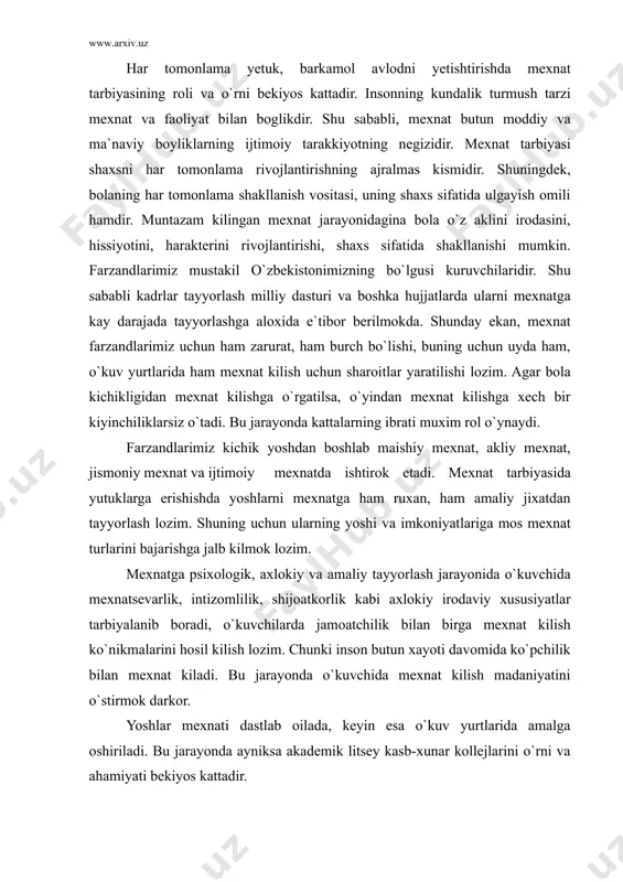 ladi. bu jarayonda o`kuvchida mexnat kilish madaniyatini o`stirmok darkor. yoshlar mexnati dastlab oilada, keyin esa o`kuv yurtlarida amalga oshiriladi. bu jarayonda ayniksa akademik litsey kasb-xunar kollejlarini o`rni va ahamiyati bekiyos kattadir. ta`lim to`grisidagi konunning 13 - moddasida ta`kidlanganidek, “kasb-xunar kollej o`kuvchilarning kasb-xunarga moyilligi, maxorati va malakasini chukur rivojlantirishni tanlangan kasblar bo`yicha bir yoki bir necha ixtisos olishini ta`minlaydigan uch yillik o`rta kasb -xunar o`kuv yurtidir.” yoshlar mexnatining mazmuni mamlakat oldida turgan ijtimoiy, siyosiy va iktisodiy vazifalar, viloyat va tumanlardagi kadrlarga bo`lgan ehtiyoj, o`kuv yurtlarining ichki imkoniyatlari va talablari asosida belgilanadi. avvalo, ta`lim jarayonida mexnat haqida dastlabki bilim va tasavvurlarga ega bo`ladilar, o`kish ham mexnat ekanligini tushunib oladilar. o`kuv rejasiga kiritilgan mexnat darslarida esa, mexnat kilish malakalarini egallaydilar. bu jarayonda o`z mexnatlarining natijasini ko`rib zavklanadilar va yanada yaxshirok mexnat kilishga harakat kiladilar. mexnat kilish jarayonida, sinfdan va maktabdan tashkari mexnat, o`z-o`ziga xizmat kilish mexnati ijtimoiy foydali mexnat turida faol ishtirok etadilar …