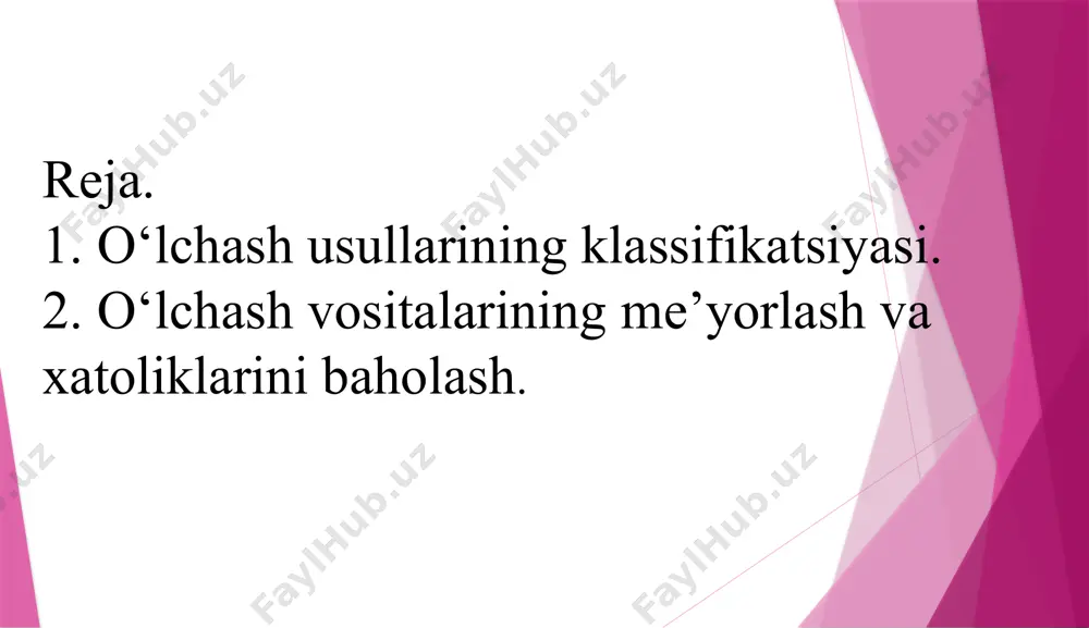 ish mumkin. tasodifiy xatolik deyilganda, faqat, bitta kattalikni qayta-qayta o‘lchash mobaynida tasodifiy o‘zgaruvchi o‘lchash xatoligi tushuniladi. bu xatolik borligini faqat bitta kattalikni bir xil sinchkovlik bilan qayta-qayta o‘lchangandagina sezish mumkin. o‘lchashning qo‘pol xatoligi deyilganda, berilgan shartlar bajarilganda kutilgan natijadan tubdan farq qiladigan o‘lchash xatoligi tushuniladi. agar xatolik o‘lchanayotgan kattalikning o‘lchov birliklarda ifodalangan bo‘lsa, bunday xatolik absolyut yoki mutlaq xatolik deyiladi. keltirilgan xatolik asbobning aniqlik klassini ka xarakterlaydi.  o‘lchanayotgan kattalikka bog‘liqligi hisobga olingan holda xatoliklar additiv (absolyut) xatolik va mul’tiplikativ xatoliklarga ajratiladi.  additiv xatolik o‘lchanayotgan kattalikka bog‘liq emas, mul’tiplikativ xatolik esa o‘lchangan kattalikka proportsionaldir.  additiv xatolik “0” ning xatoligi, mul’tiplikativ xatolik esa sezgirlik xatosi deb aytiladi. amalda o‘lchash vositasi ikkala xatolikni o‘z ichiga oladi.  atrof-muhit parametrlarining ta’siriga ko‘ra xatoliklari: asosiy xatoliklar: harorat, bosim, namlik; qo‘shimcha xatoliklar: harorat, ta’minlash kuchlanishi, elektr tarmoq kuchlanishi va xalaqitlar, magnit maydoni kuchlanganligi, atmosfera bosimi,havoning nisbiy namligi. ma’lumki, yuqori aniqlik bilan o‘lchash ayrim …