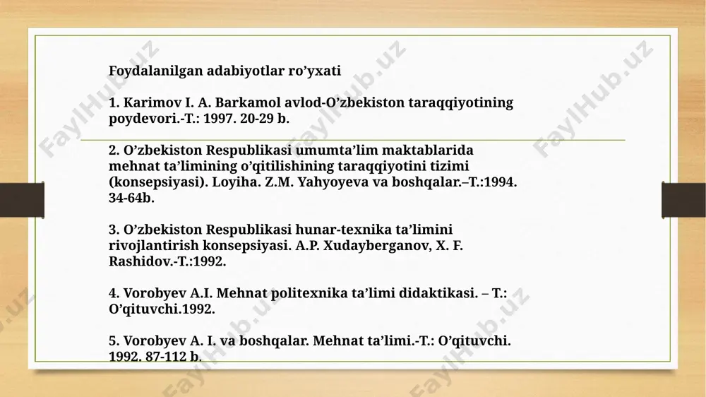 1932 yildan amalga oshirildi. olimlar o’rtasida mexnat ta’limining fan sifatida o’tilishi ancha tortushuvlarga sabab bo’ldi. birinchi toifali olimlar mexnat ta’limi barcha fanlarga kushilib utilishi maksadga muvofiq degan fikrlarni olg’a surdilar. 1937 yilda maktablarda mustaqil o’quv predmeti sifatida mehnat ta’limi tugatildi chunki o’sha vaqtlarda maktabning moddiy bazasi juda nochor edi. 1952 yil mehnat ta’limiga jamoatchilik e’tibori qaratildi. maktablarda mexnat ta’limi va mehnat tarbiyasini zarurligi o’quvchilarni ishlab chiqarish bilan aloqasi bo’lishi kerakligi ko’rsatib o’tildi. 1954 yilda mehnat ta’limini o’rta maktab o’quv rejasiga o’sib kelayotgan yosh avlodni kamol toptirish vositalaridan biri sifatida kiritildi. amalga oshirilayotgan islohotlar natijasi sifatida barcha o’quv predmetlari, jumladan mehnat ta’limini o’qitish mazmuni ham mukammallashib bormoqda. ushbu o’quv fanining maqsadi–o’quvchilarni aqliy va jismoniy mehnat turlari va jarayonlari hamda kasblar bilan dastlabki tanishtirish, kasb tanlashga tayyorlash, o’quvchilar mehnatni qadrlashni, uning jamiyatdagi o’rnini bilishni, mehnatga qiziqish va mehnatsevarlikni shakllantirish orqali kasbgacha tayyorgarliklarini amalga oshirishdan iborat. respublikamiz mustakillikka kadam kuygan kundan boshlab ta’limga …