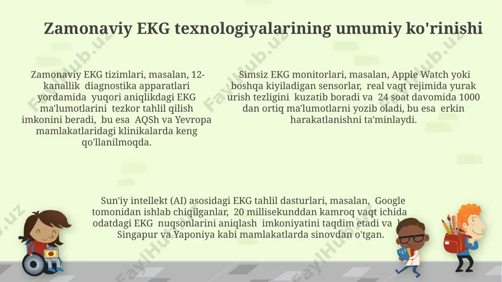shlab chiqarilgan simsiz ekg texnologiyasi, real vaqt rejimida ma'lumotlarni uzatish tezligi 500 mbit/s dan oshib, shifokorlarga tezkor va aniq diagnostika qo'yish imkonini beradi. simsiz ekg monitoringi yordamida aqshda 2022-yilda 1 milliondan ortiq bemorning yurak ritmi masofadan turib kuzatildi, bu esa o'z vaqtida davolash imkoniyatini sezilarli darajada oshirdi. portativ simsiz ekg qurilmalari, masalan, apple watch kabi, 30 dan ortiq mamlakatda foydalanilmoqda va yurak aritmiyasini aniqlashda 90% dan yuqori aniqlikka ega. ekg texnologiyalarining kelajagi portable ekg qurilmalari, masalan, "kardiamobile" kabi qurilmalar, markaziy osiyo mamlakatlarida 2030 yilga kelib, yurak-qon tomir kasalliklarini erta aniqlashda muhim rol o'ynab, 30% ga ko'proq qo'llanilishi taxmin qilinmoqda. yaqin 5 yil ichida, dunyoning rivojlangan mamlakatlari, jumladan, aqsh va yaponiya, ekg texnologiyalarida sun'iy intellektni qo'llash orqali 90% gacha aniqlikka erishishni rejalashtirmoqda. kiyuvchan ekg monitorlari texnologiyasi yordamida, 24/7 uzluksiz yurak faoliyatini kuzatish imkoniyati 2025 yilga borib, jahon bo'yicha 15% ga o'sishi kutilmoqda. e'tiboringiz uchun rahmat @taqdimot_robot image1.png
