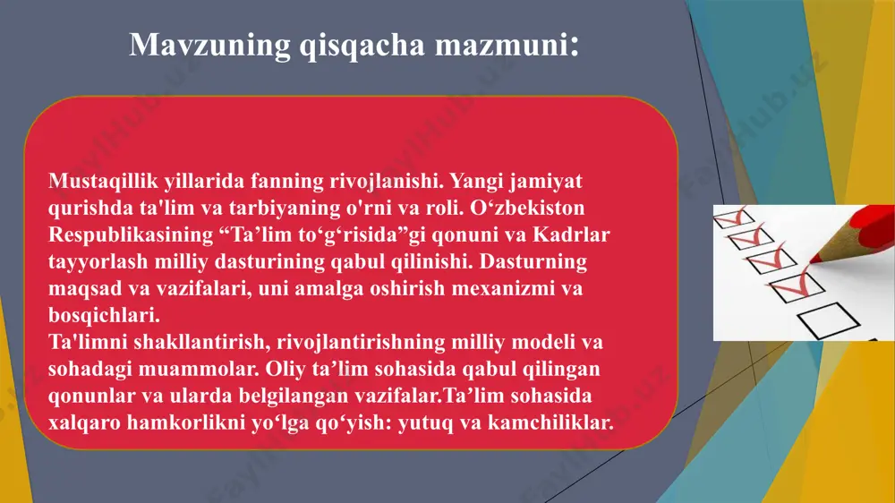 lar sport maktablari, sanʼat maktablari, musiqa maktablari, studiyalar, kutubxonalar, soglomlashtirish muassasalari va boshqa muassasalar kiradi. ular yil boʻyi ishlaydi. bolalar va oʻsmirlarning yakka tartiblagi ehtiyojlarini qondirish, ularning boʻsh vaqti va dam olishini tashkil etish uchun davlat organlari, jamoat birlashmalari. shuningdek, boshqa yuridik va jismoniy shaxslar madaniy-estetik, ilmiy, texnikaviy, sport va boshqa yoʻnalishlar maktabdan tashqari taʼlim muassasalarini tashkil etishlari mumkin. maktabdan tashqari taʼlim muassasalarida umumiy oʻrta taʼlim maktablarining barcha sinf oʻquvchilari oʻz ixtiyorlari bilan maktab oʻquv dasturidan tashqari qoʻshimcha fanlar, sanʼat turlari, badiiy hunarmandchilik va boshqa kasb-hunar, sport turlarini oʻrganadilar. ta'lim sohasini boshqaradigan organlar: ta’lim tizimiga umumiy rahbarlikni vazirlar mahkamasi amalga oshiradi. vazirlar mahkamasi toshkent islom universitetini, shuningdek, xalqaro nufuzli, mashxur xorijiy universitetlarning (mgu, vestminster universiteti va boshqalar) filiallarini oʻz ichiga olgan alohida oliy taʼlim muassasalarini ham bevosita boshqaradi. o‘zbekiston respublikasi vazirlar mahkamasining ta’lim sohasidagi vakolatiga quyidagilar kiradi : ta'lim sohasida yagona davlat siyosatini amalga oshirish; ta'limning davlat boshqaruvi organlarini boshqarish; …