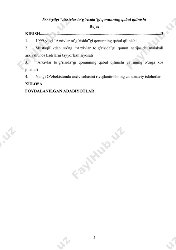 arxiv boshqarmasi («o’zbosharxiv») to‘g‘risida nizom», «o’zbekiston respublikasi davlat hokimiyati va boshqaruvi organlari, korxonalar, muassasalar va tashkilotlardagi idoraviy arxiv to‘g'risida namunaviy nizom» tasdiqlandi. bu hujjatlar respublika arxiv idoralarini mustaqilligini, erkinligini qonuniy yot bilan rasmiylashtirdi. bu hujjatlar asosida arxiv idoralari sovet tuzimi davridagidelc ittifoq arxiv organlari aralashuvi, rahbarligi bilan emas, endi mustaqil o’zbekistonda arxiv ishiga erkin ralmamolik qilmohda. o’zbekiston respublikasi vazirlar mahkamasining 2004 yil 3-fevraldagn «o’zbekiston respublikasi arxiv ishini boshqa- rishni yanada takomillashtirish to‘g‘risida»gi qaroriga ko‘ra «o’zbosharxiv» o’zbekiston respublikasi vazirlar mahka masi huzuridagi «o’zarxiv» agentligiga aylantirildi. joylarda hokimliklar arxiv botimlari o‘rniga arxiv ishi hududiy bosh- qarmalari tashkil qilindi. hududiy organlaming boshliqlari qoraqalpog‘iston respublikasi vazirlar kengashining raisi, viloyatlar, va toshkent shahar hokimliklari bilan kelishuv bo‘yicha «o’zarxiv» agentligi bosh direktori tomonidan lavozimga tayinlanadigan va lavozimdan ozod etiladigan bo’ldi. ilgari arxiv bo’limi mudirlari hokimlar tomonidan tayinlanardi va ozod qilinardi. 1. 1999-yilgi “arxivlar to’g’risida”gi qonunning qabul qilinishi mustaqillik yillarida yurtimizda tarixiy hujjatlar va o‘tmish merosimizni o‘rganishga …