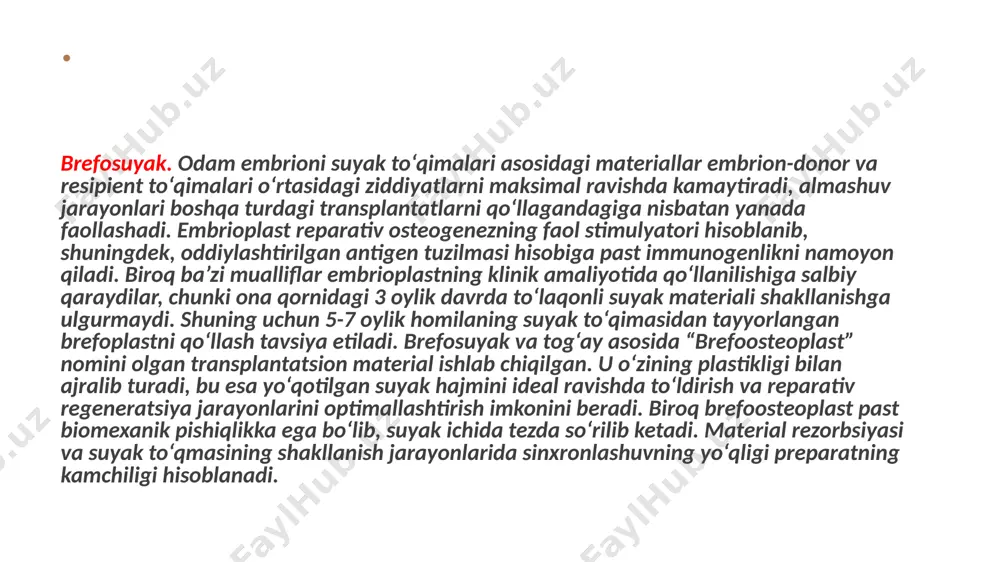 di, parodontal cho‘ntaklarning chuqurligi kamayadi. ga ishlatilmaydigan lahtakli operatsiyalarda faqatgina 44 % holatlarda yaxshilanish kuzatiladi. ga turli shakllari o‘rtasida sezilarli o‘zgarishlar (bloklar yoki granulalar ko‘rinishida) aniqlanmagan. . tog‘aysimon (kollagensimon) membranalar faqatgina s. card va hammualliflar (1989) tomonidan o‘rganilgan. material qoramol ko‘richagi qavatidan olinib, xromlangandan so‘ng chok materiali sifatida qo‘llaniladi. tadqiqotlar vaqtida bunday membranalar epitelial plastning o‘sishiga to‘sqinlik qilib, 4 – 8 hafta muddat ichida parchalanib ketgan. biroq, nazorat tadqiqotlariga nisbatan ushbu membranalarning yaqqol ustun tomonlari aniqlanmagan. ushbu materialni tayyorlash va saqlashning murakkabligi, ularni qo‘llanilishini shubha ostiga qo‘yadi. gidrolizlovchi poliefir r. caffesse va s. nasjleti (1992) tomonidan tadqiqotlar vaqtida itlarda o‘rganilgan. membranalar mutlaqo tolerant bo‘lib, faqatgina 3 oydan keyin so‘rila boshlagan. ularning qo‘llanilishi tish va milk birikmasi va yangi suyakga nisbatan ikki tomonlama samarador bo‘lgan. material qo‘shimcha ravishda eksperimental va klinik o‘rganishlarni talab etadi. 1. osteomukogingival operatsiyalar 1.1.l.widman bo'yicha laxtak operatsiyasi. leonard widman birinchilardan bo'lib, parodontal cho'ntaklarni bartaraf etishda laxtak operatsiyasini …