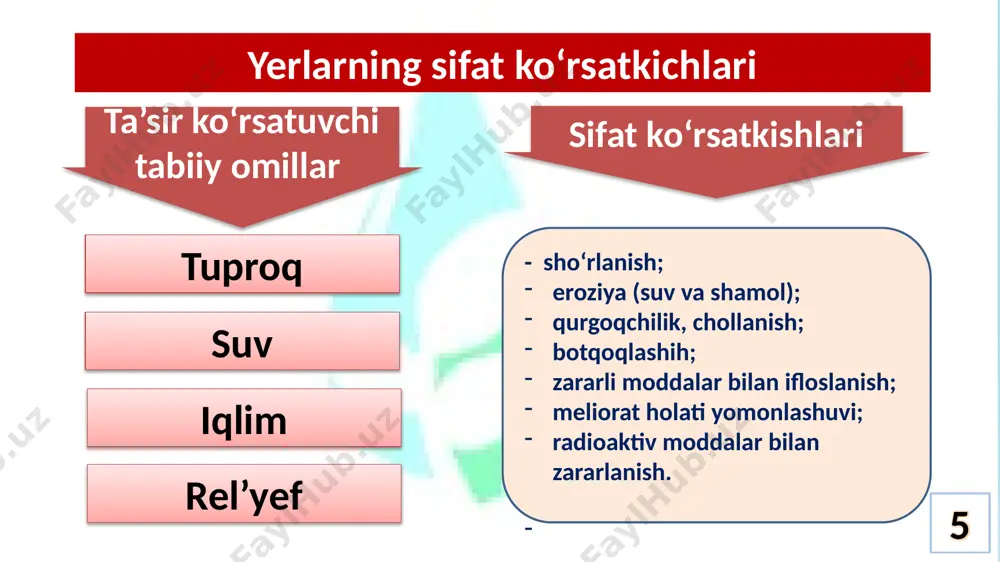 lab va navbatlab ekish tizimlarini jоriy etish. yer resurslarining sifatini yaxshilash yo’llari 16 adabiyotlar: 1. rahmоnоv q.r., narbayev sh.k., muqimov z.m. yer resurslarini bоshqarish. o'quv qo'llanma. t.: tiqxmmi, 2019. – 154 b. 2. варламов а.а., гальченко с.а. управление земельными ресурсами. учебное пособие. м.: гуз, 2005. – 240 с. 3. чертовицкий а.с., базаров а.к. управление землепользованием. учебное пособие. т.: тиим, 2010. – 327 с. 4. selim kapor, hari eswaran, winfried blum. sustainable land management. springer-verlag berlin and heidelberg gmbh & co. kg. germany 2016. 5. babajоnоv a.r., rahmоnоv q.r, g'оfirоv a.j. yer kadastri. t.: timi, 2008 – 220 b. 6. avezbaev s., volkov s.n. yer tuzishni loyihalash. - t.: “faylasuflar milliy jamiyati”, 2007. – 470 b. 7. o'zbekistоn respublikasi “yer kоdeksi”, t.:“adоlat”, 2015 y. 8. nigmatоv a. yer huquqi. – t.: “islоm universiteti”, 2001. – 191 b. 9. o'zbekistоn respublikasi yer resurslarining hоlati to'grisida milliy hisоbоt. t.:“yergeоdezkadastr” davlat qo'mitasi, 2020. – …
