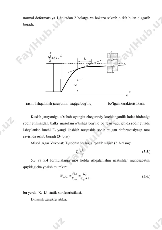 u yerda n-dastgoh shpindelini aylanishlar chastotasi. wu-ni xarakteristikasini aniqlash uchun ( ) ochiq (5.4 - rasm) sistemadan va 5.5 v-rasmdagi berilganlardan foydalanamiz. kompleks sonlarni bo’lish qoidasiga asosan au moduli a’chiq modulni aberk modulga nisbati bilan aniqlanadi: fazasini esa bu modullarning fazalarini ayirmasi bilan aniqlanadi: bu yerda: berk va aberk- chizmadan olinadi. wu-xarakteristikasi 5.5 g- rasmda tasvirlangan. kechikuvchi elementlarning afchx-si koordinata boshidan bir birlik radius bilan markazdan yiroqda aylana chegarasini tasvirlaydi. shunday ekan, xarakteristikasini qurish uchun wu xarakteristikani har bir nuqtani aylana bo’ylab, shu nuqtani xarakteristikasi moduliga teng yo’nalishda burchakka siljishi zarur bo’ladi. (4.5 g- rasm) naykvist mezoniga asosan wochiq xarakteristikasi (-1,0, io) nuqtani o’rab olmasa, sistema turg’un hisoblanadi. rasmdan ma’lum bo’lishicha au(1 bo’lsa, dinamik tizim har doim turg’un bo’ladi. 5. potentsial noturg’un elastik sistemadan iborat texnologik tizimlarda avtotebranish 5.1. bikirlik ellipsi agar texnologik tizimning biron bir elementiga, masalan, tokarli dastgohining supporti ustiga shayton 1 (5.6- rasm) o’rnatilib va r1 kuch …