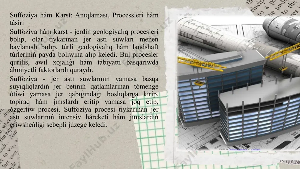 ek: boslıqlardıń payda boliwi:karst hám suffoziya procesleri sebepli jerde boslıqlar payda boliwi, bul bolsa imaratlardı turaqlastırıwdı qıyınlastıradı. bul procesler obektlerdiń turaqlılıǵın tómenletiwi hám olarǵa zıyan tiygiziwi múmkin. jerdiń shógiwi:jer betindegi topıraqtıń shógiwi, erigen jınıslar hám joqarı qatlamlardıń eriwi sebepli júzege keledi. bul qurılıs materialların hálsireytiwi hám imaratlardıń qulawına alıp keliwi múmkin. qurılmalarǵa qáwip:karstlı hám suffoziv aymaqlarda qurılıs tiykarları hám qurılmalar ushın arnawlı geologiyalıq izertlewler hám esap-sanaqlar talap etiledi. bunday aymaqlarda arnawlı tiykarlar, geosintez materialları hám bekkemlew texnologiyaların qollanıw kerek. itibarin'iz ushun raxmet! image1.png image2.png image3.png image4.png image5.png image6.png image7.png image8.png image9.png image10.png image11.png image12.png image13.png image14.png image15.png image16.png image17.png image56.png image57.png image58.png image25.png image26.jpeg image27.png image28.png image59.jpg image60.png image61.png image62.png image52.png image53.png image54.png image55.png