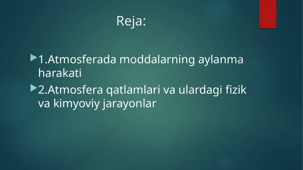 n sayyoralararo fazoga oʻtadi. atmosferaning yuqori qatlamlari quyoshdan chiqadigan radiasiya energiyasi taʼsirida issikdik olganligi uchun u qatlamlarning zichligi vaqtga, geografik kengliklarga bogʻliqdir. atmosfera yuqori qatlamlarining zichligi quyosh yoritayotgan vaqtda yoritmayotgan vaqtga qaraganda kattaroq. shuningdek, atmosfera yuqori qatlamlarining zichligi qutb rayonlarida ekvatorial rayonlardagiga qaraganda kichik. atmosfera asosan azot (78,09 %), kislorod (20,45 %) va argon (0,93 %) gazlar aralashmasidan iborat, qolgan qismini karbonat angidrid gazi, vodorod hamda geliy, neon, kripton va ksenon kabi inert gazlar tashkil qiladi. atmosferada juda oz miqdorda metan, azot, oksid, uglerod (i)-oksid va boshqa tabiiy hamda sanoat gazlari boʻlib, miqdori oʻzgarib turadi. quruklik va suv yuzidagi doimiy bugʻlanish tufayli atmosferada suv bugʻi ham boʻladi. bugʻning quyuklashuvi bulut va yogʻinlarni hosil qiladi. havoda doimo har xil kattalikda chang zarrachalari mavjud. ularning manbai yer va kosmik fazodir. atmosfera tarkibiga koʻra, asosan gomosfera va geterosfera qatlamlariga boʻlinadi. yer sirtidan 90 – 95 km balandlikkacha boʻlgan havo qatlamida yuqorida qayd etilgan …