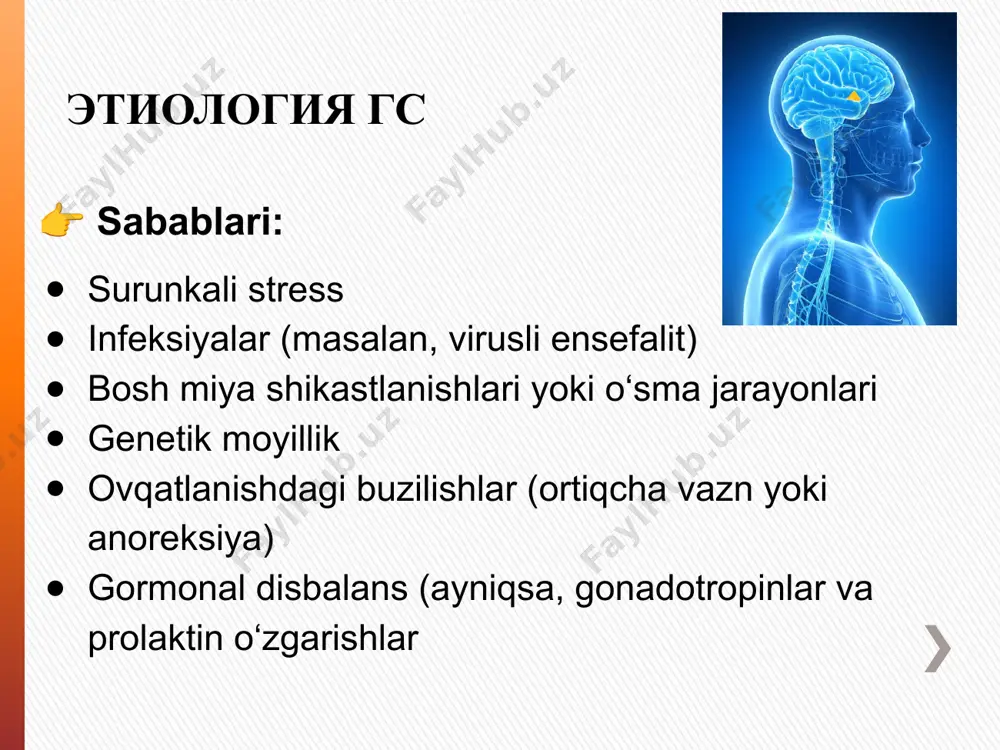 azasidan qat’i nazar) natija (klinik yakun) gipotalamik sindromli bemorlarning davolanish natijasi asosan kasallik bosqichiga, vaqtida va to‘g‘ri diagnostika hamda davolashga bog‘liq. erta bosqichda funktsional buzilishlar aniqlanib, kompleks davolash qo‘llanilsa, hayz sikli va reproduktiv funktsiyalar ko‘pincha tiklanadi. ammo kech bosqichlarda, ayniqsa polikistoz tuxumdonlari rivojlangan hollarda, to‘liq tiklanish qiyinlashadi va surunkali asoratlar yuzaga kelishi mumkin. danke schön image2.jpg image3.jpg image4.jpg image1.png