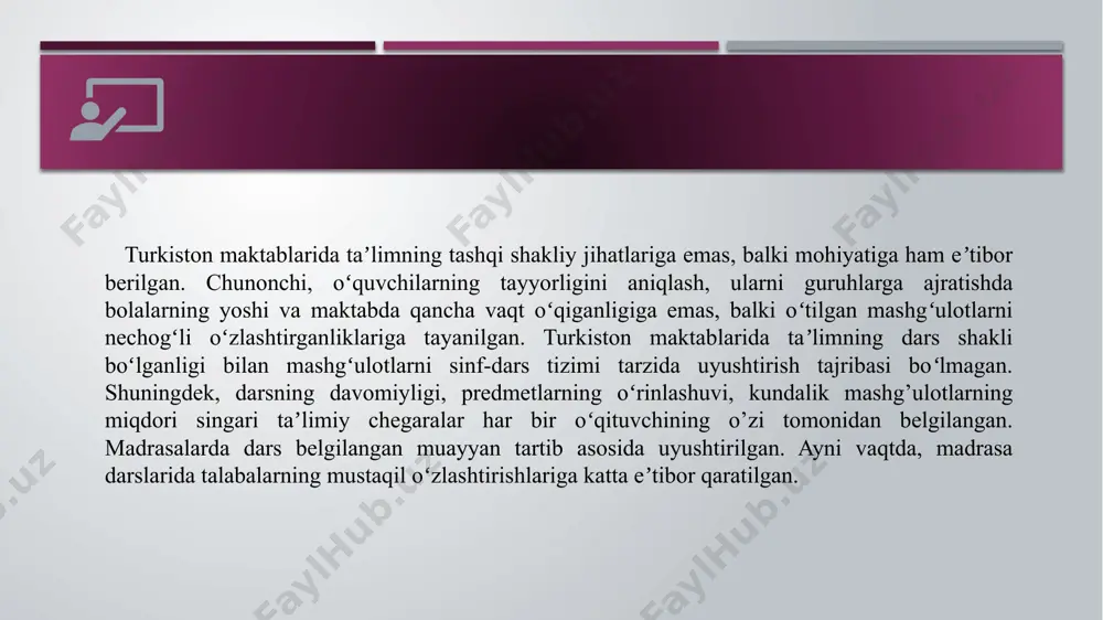 sh qiziqishlari; - o'quv maqsadlari; - hissiyotlar: shaxsiy bezovtalik va hissiy barqarorlik; - yutuqlarni qo'lga kiritish va muloqot qilishga bo'lgan ehtiyoj; - intellektual layoqatlilik va muloqotga kirishuvchanlik; shaxsiy tajribalar hamda ko'nikmalar. rus fiziologiyasi va ilmiy psixologiyasining atoqli namoyondasi i.m. sechenovning «bosh miya rsflekslari» degan mashhur asari 1863-yilda bosilib chiqdi. «insondagi psixik va fiziologik jarayonlar, - degan edi sechenov, - bu bir xil tartibdagi hodisalar, bir-biriga yaqin real dunyoga xos bo'lgan hodisalardir».sechenov psixik jarayonlarning asosi bosh miya reflekslaridir, degan ta'limotni ilgari surdi. 13 sechenov davomchisi i.p.pavlov oliy nerv faoliyati fiziologiyasiga doir mashhur asarlarida psixik moddiy substrat faoliyatidagi asosiy qonuniyatlarni va ayrim jarayonlarning nerv-fiziologik mexanizmlarini ochib berdi. izlanishlarimizning asosini muayyan o'quv vaziyatlarida o'quvchilarning bilish faoliyatlarini kengaytirishning samarali yo'llarini tashkil qiladi. o'z-o'zini hurmat qilish har bir shaxsning tahliliy sifatidir. buning tarkibini tahlil qilish orqali o'quvchining mayllari, qadriyatlari, tayanadigan qoidalarini aniqlashga muvaffaq bo'lindi. o'quv-biluv jarayonida bilish faolligini rivojlantirishga bag'ishlangan tadqiqotlarda o'quvchilarning mustaqilligidan kelib chiqqan …