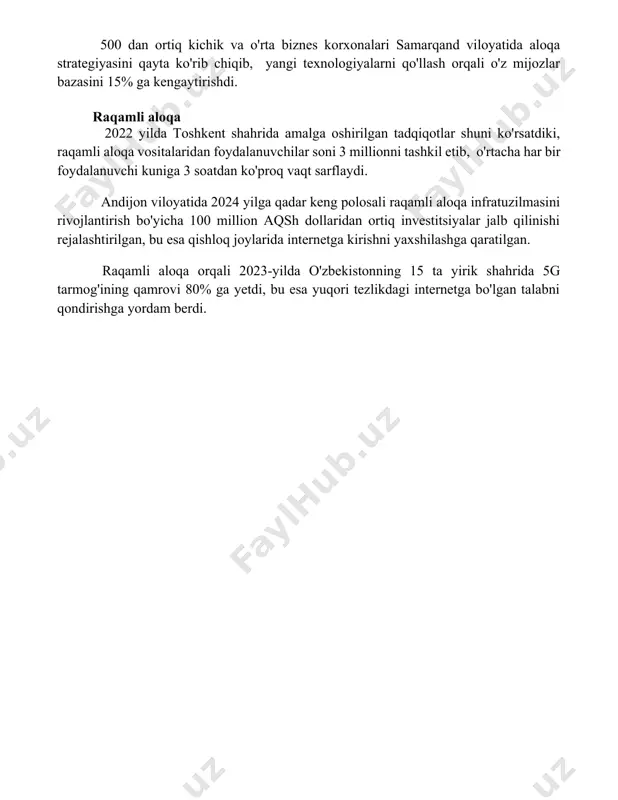 hrida amalga oshirilgan tadqiqotlar shuni ko'rsatdiki, raqamli aloqa vositalaridan foydalanuvchilar soni 3 millionni tashkil etib, o'rtacha har bir foydalanuvchi kuniga 3 soatdan ko'proq vaqt sarflaydi. andijon viloyatida 2024 yilga qadar keng polosali raqamli aloqa infratuzilmasini rivojlantirish bo'yicha 100 million aqsh dollaridan ortiq investitsiyalar jalb qilinishi rejalashtirilgan, bu esa qishloq joylarida internetga kirishni yaxshilashga qaratilgan. raqamli aloqa orqali 2023-yilda o'zbekistonning 15 ta yirik shahrida 5g tarmog'ining qamrovi 80% ga yetdi, bu esa yuqori tezlikdagi internetga bo'lgan talabni qondirishga yordam berdi. 📌xulosa муносабатлар инсон ҳаётининг муҳим қисмидир. улар бизга қувват, қўллаб-қувватлаш ва бахт бахш этади. соғлом муносабатларни ривожлантириш ва сақлаш эса муваффақиятли ва бахтли ҳаётнинг асосидир. 📚foydalanilgan adabiyotlar 1. bog'lanishning psixologik jihatlari. 2. axborot texnologiyalari va insoniy bog'lanish. 3. ijtimoiy tarmoqlar va shaxsiy bog'lanishning o'zgarishi. 4. yaqin munosabatlar va sog'lom bog'lanish. 5. oilaviy bog'lanish va farzand tarbiyasi. 6. ishdagi samarali bog'lanish va jamoaviy ish. 7
