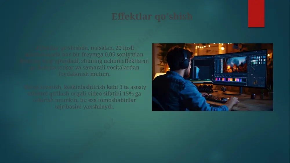 dios va videolarni tahrirlashda 24 fps (frames per second) kabi kadr tezligi muhim rol o'ynaydi, chunki bu sifatli animatsiya va silliq video o'tishini ta'minlaydi. video tahrirlashda keyframing texnikasi orqali 10 dan ortiq parametrni, jumladan, harakat, o'lcham va shaffoflikni aniq boshqarish mumkin. kadrlarni yaratish usullari stop-motion texnikasi yordamida 1 sekundlik animatsiya uchun 24 ta alohida kadrni suratga olish, keyin esa ularni birlashtirib animatsion rolik yaratish mumkin. bu texnika qo'g'irchoqlar, plastilin yoki boshqa ob'ektlar bilan ishlashga imkon beradi. vektorli grafikalarni ishlatib, animatsion kadrlarni yaratishda har bir kadrni alohida chizish o'rniga, shakl va ob'ektlarni o'zgartirish orqali, 10 dan ortiq kadrni samarali yaratish mumkin. bunday usul aniq va yuqori sifatli animatsiyalar yaratishga imkon beradi. savollar va javoblar animatsion kadrlar yaratishda, o'rtacha 24-30 kadr sekundiga (fps) tezlikda harakatning silliqligi ta'minlanadi, bu esa protsessor yuklamasini oshirishi mumkin. audio va video fayllarni qayta ishlashda, 16-bit yoki 24-bit chuqurlikdagi audio kodlash sifatini hisobga olish kerak, bu esa fayl …
