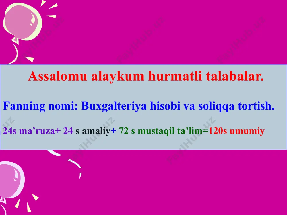 қлиги 3. ҳисобнинг оддийлиги ва тушунарлиги 4. ҳисобнинг тежамкорлиги 5. ҳисобнинг тўлиқлиги ва ўз вақтида бажарилиши. ҳисоб турлари корхонада ҳисоб турлари 3 га бўлинади оператив (тезкор) ҳисоб статистик ҳисоб бухгалтерия ҳисоби оммавий хўжалик (умумдавлат) ҳодисалари тўғрисидаги маълумотларни йиғиш ва уларни қайта ишлаш тизимидир. ҳисобнинг бу тури бутун хўжалик ва унинг тармоқларининг ривожланиш жараёнини ўрганишга қаратилган. ундан корхона, ташкилот ва муассасаларда содир бўлаётган турли- туман оммавий ҳодисаларни кузатиш учун фойдаланилади. статистик ҳисоб ёрдамида хўжалик фаолиятининг турли- туман миқдорий ва сифат кўрсаткичлари ҳисоблаб чиқилади. статистик ҳисоб оператив ҳисоб корхонанинг молиявий-иқтисодий фаолияти ҳақида маълумот олиш мақсадида хўжалик активлари ва уларнинг манбаларини узлуксиз кузатиш, назорат қилиш, ҳисобга олиш тизимидир. бухгалте- рия ҳисоби корхонанинг баъзи тезкор операциялари ва жараёнларини бевосита содир бўлаётган вақтида бошқариш мақсадида жорий кузатиш ҳамда назорат қилиш тизимидир. бу ҳисобнинг корхона ва унинг таркибий бўлинмаларига жорий раҳбарлик қилиш мақсадида маълумотларни оператив равишда олиш ва улардан фойдаланиши унинг фарқ қиладиган белгиси ҳисобланади. бухгалтерия …