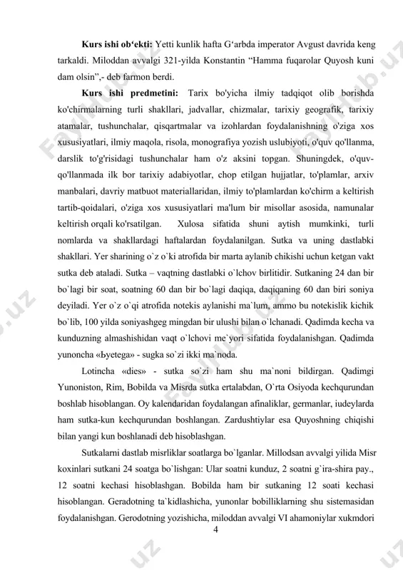akt sutka deb ataladi. sutka – vaqtning dastlabki o`lchov birlitidir. sutkaning 24 dan bir bo`lagi bir soat, soatning 60 dan bir bo`lagi daqiqa, daqiqaning 60 dan biri soniya deyiladi. yer o`z o`qi atrofida notekis aylanishi ma`lum, ammo bu notekislik kichik bo`lib, 100 yilda soniyashgeg mingdan bir ulushi bilan o`lchanadi. qadimda kecha va kunduzning almashishidan vaqt o`lchovi me`yori sifatida foydalanishgan. qadimda yunoncha «yetega» - sugka so`zi ikki ma`noda. lotincha «dies» - sutka so`zi ham shu ma`noni bildirgan. qadimgi yunoniston, rim, bobilda va misrda sutka ertalabdan, o`rta osiyoda kechqurundan boshlab hisoblangan. oy kalendaridan foydalangan afinaliklar, germanlar, iudeylarda ham sutka-kun kechqurundan boshlangan. zardushtiylar esa quyoshning chiqishi bilan yangi kun boshlanadi deb hisoblashgan. sutkalarni dastlab misrliklar soatlarga bo`lganlar. millodsan avvalgi yilida misr koxinlari sutkani 24 soatga bo`lishgan: ular soatni kunduz, 2 soatni g`ira-shira pay., 12 soatni kechasi hisoblashgan. bobilda ham bir sutkaning 12 soati kechasi hisoblangan. geradotning ta`kidlashicha, yunonlar bobilliklarning shu sistemasidan foydalanishgan. gerodotning …