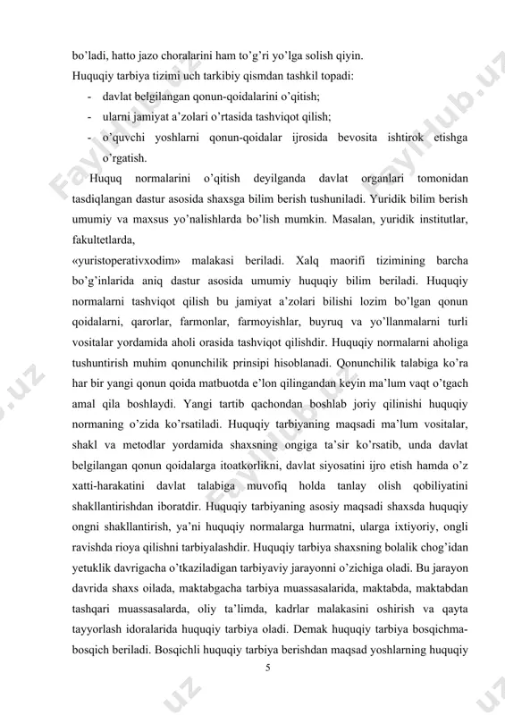 kl va metodlar yordamida shaxsning ongiga ta’sir ko’rsatib, unda davlat belgilangan qonun qoidalarga itoatkorlikni, davlat siyosatini ijro etish hamda o’z xatti-harakatini davlat talabiga muvofiq holda tanlay olish qobiliyatini shakllantirishdan iboratdir. huquqiy tarbiyaning asosiy maqsadi shaxsda huquqiy ongni shakllantirish, ya’ni huquqiy normalarga hurmatni, ularga ixtiyoriy, ongli ravishda rioya qilishni tarbiyalashdir. huquqiy tarbiya shaxsning bolalik chog’idan yetuklik davrigacha o’tkaziladigan tarbiyaviy jarayonni o’zichiga oladi. bu jarayon davrida shaxs oilada, maktabgacha tarbiya muassasalarida, maktabda, maktabdan tashqari muassasalarda, oliy ta’limda, kadrlar malakasini oshirish va qayta tayyorlash idoralarida huquqiy tarbiya oladi. demak huquqiy tarbiya bosqichma- bosqich beriladi. bosqichli huquqiy tarbiya berishdan maqsad yoshlarning huquqiy bilimlar va ko’nikmalarini tarkib toptirishni uzluksiz ta’minlashdir. masalan, birinchi sinflarda ona tili tushunchasi, tilga hurmat bilan qarash, o’quvchilarga qonun-qoidalarni o’rgatish, mulkni asrash, unga munosabatni bildirish, davlat, qonun, davlat ramzlari tushunchalarini o’rgatish lozim. ikkinchi sinflarda «o’qish» darsida har xil tarbiya berish mumkin. «ertaklar va masallar» bo’limida jinoyat tushunchasini, tulkini turna bolalarini yeb qo’yishda, …