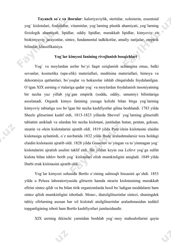hissasini qo`shdi. 1853 yilda u peluza laboratoriyasida glitserin hamda stearin kislotasining murakkab efirini sintez qildi va bu bilan tirik organizmlarda hosil bo`ladigan moddalarni ham sintez qilish mumkinligini isbotladi. mono-, diatsilglitserinlar sintezi, shuningdek tabiiy efirlarning asosan har xil kislotali atsilglitserinlar aralashmasidan tashkil topganligining isboti ham bertlo kashfiyotlari jumlasidandir. xix asrning ikkinchi yarmidan boshlab yog`-moy mahsulotlarini qayta ishlash sohasida ancha amaliy natijalarga erishila boshlandi. masalan: margarin va linoleum ishlab chiqarish yo`lga qo`yildi. yog`lar kimyosi sohasidagi fundamental tadqiqotlar taraqqiyoti esa bu paytga kelib birmuncha sekinlashdi. faqatgina xix asrning oxirida qozon universiteti professori a.m.zaytsev va uning shogirdlari tadqiqotlari bu yunalishdagi izlanishlarni tezlashtirdi. bu izlanishlar natijasida to`yinmagan yog` kis​lotalarining izomerlari aniqlandi, to`yinmagan yog` kislotalarining okisdlanishi, sulfat kislotasining yog` kislotalariga ta`siri va boshqa ko`pgina reaktsiyalar o`rganildi. a.m.zaytsevning shogirdi xar`kov texnologiya institutining professori s.a.fokin moylarning qurishi va termik ta`sir ostidagi ba`zi o`zgarishlarini, shu jumladan bunday o`zgarishlarning katalizatorlar ishtirokida amalga oshish jarayonlarini tadqiqot eta boshladi. yog`lar gidrogenizatsiyasi jarayonlarini …