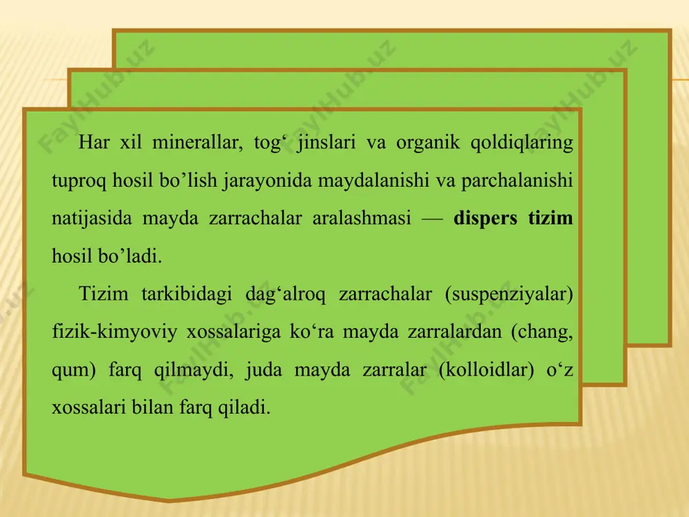 ish. tuproqdagi mikroorganizm va o'simliklarning hayoti tufayli har xil oziq moddalaming ushlanib qolishiga biologik singdirish deyiladi. tuproqning kolloid zarralar to‘plamidan tashkil topgan va kationlarni singdirish va almashtirish qobiliyatiga ega boigan qismiga singdiruvchi kompleks deyiladi. tuproqning bu qismida har xil mineral va organik birikmalar boiib, ulardagi singdirilgan kationlar almashib turadi. kationlar almashinish jarayonida faqat tuproqning kolloid qismi ishtirok etadi. singdiruvchi kompleksning hajmi tuproqning mexanik tarkibi, organik moddaning miqdori va tarkibiga bog’liq bo’ladi. qumoq, soz va sergumus tuproqlarda ko‘proq, kam gumusli yoki qumloq tuproqlarda nisbatan kamroq bo’ladi. singdirish energiyasi jihatidan ikki valentli ca++, mg++ singari kationlar bir valentli kationlar na+, k+, nh4+ singarilarga qaraganda kuchliroq bo’ladi. ammo bir valentli na+ ionning singdirish energiyasi ikki valentli kationlarga nisbatan kuchli bo’ladi. tuproqning singdirish qobiliyati eng muhim xossalaridan biri hisoblanib, u tuproq hosil bo’lishi va unumdorligining rivojianish jarayonlarida ishtirok etadi. singdirish qobiliyati o‘simliklar va mikroorganizmlar uchun oziq elementlarining to‘planishini ta’minlashi hisobiga tuproqning oziq rejimini tartibga …