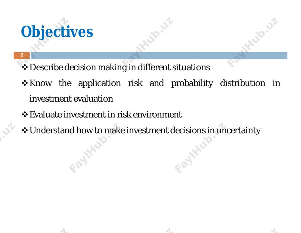 n the expected outcome. risk implies a degree of uncertainty and an inability to fully control the outcomes or consequences of such an action. risk or the elimination of risk is an effort that managers employ. when a range of potential outcomes is associated with a decision and the decision maker is able to assign probabilities to each of these possible outcomes, risk is said to exist. 5.2. meaning and measurement of risk 8 a decision is said to be risk free if the cash flow outcomes are known with certainty. a good example of a risk-free investment is u.s. treasury securities. in contrast, us airways bonds constitute a risky investment in summary, risk refers to the potential variability of outcomes from a decision.  the more variable these outcomes are, the greater the risk.  cont….. 9 as there are different kinds of decisions, there are also different conditions …