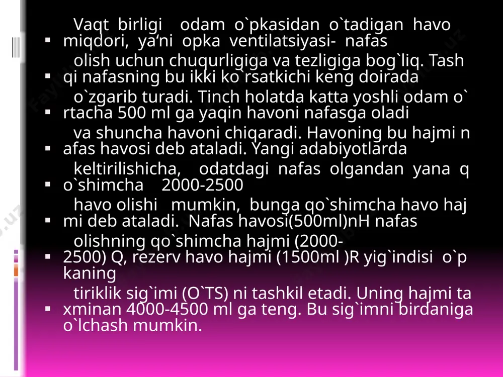hirilishi kerak deb hisoblashadi. spirometriya o'pka kasalliklarini, yurak-qon tomir kasalliklarini aniqlashi va to'g'ri nafas olish texnikasini o'rganishi mumkin. spirometrni dekodlash lived - o'pkaning hayotiy qobiliyati; fvc - majburiy ekshalasyon bilan, nafas olishning boshida va oxirida o'pkada havo miqdori o'rtasidagi farq hisoblanadi; fev1 - birinchi sekundda ekspiratuar hajm; pic - ekshalasyon darajasi; mos - efir vaqtida havo harakatining tezligi. spirometriyaning standartlari lel parametri uchun quyidagi ko'rsatkichlar aniqlanadi: norma - 90% dan ortiq; shartli norma - 85-90%; o'rtacha og'ish - 70-84%; sezilarli farq - 50-69%; o'tkir burilishlar - 50% dan kam. fev1 parametri uchun quyidagi ko'rsatkichlar foiz sifatida ko'rsatiladi: norma - 85% dan ortiq; shartli norma - 75-85%; mo''tadil og'ishlar - 55-74%; sezilarli farq - 35-54%; o'tkir burilishlar - 35% dan kam. rag'batlantiruvchi spirometr nimani o'lchaydi? rag'batlantiruvchi spirometr - bu operatsiya yoki o'pka kasalligidan so'ng o'pkangizni tiklashga yordam beradigan qo'l asbobidir. uzoq muddatli bekor qilingandan so'ng o'pkangiz zaiflashishi mumkin. spirometrdan foydalanish ularni …