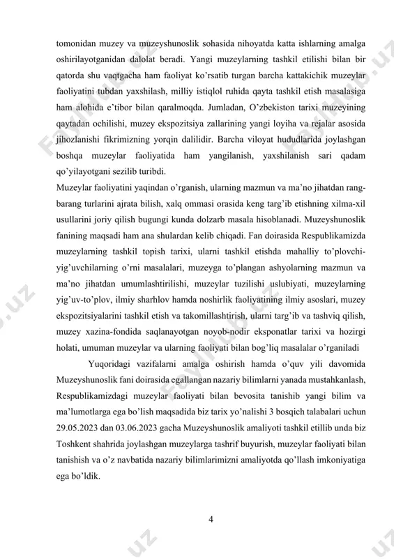 tib qoidalari tushuntirib berildi. amaliyot davomida rejaga binoan belgilangan manzilga, belgilangan vaqtda yetib borish, muntazam ishtirok etish, aks holda uning oqibatlari bo’yicha tushuntirish ishlari olib bordilar. bizning 2 guruhga amaliyot rahbari etib umrzoq musoyev tayinlandi hamda ular ham amaliyot jarayoniga oid qo’shimcha ma’lumotlar berib o’tdilar. 2.2. o’rol tansiqboyev uy-muzeyi oʻrol tansiqboyev memorial uy-muzeyi -oʻzbekiston xalq rassomi, o’zbekiston badiiy akademiyasining faxriy a’zosi oʻrol tansiqboyevga bagʻishlangan. oʻrol tansiqboyev 1904-yilda toshkent shahrida tug’ilgan. rassom 1967-1974 yillar yashagan uyi tansiqboyеv uy-muzеyiga aylantirilgan mazkur muzey 1981-yil 16-yanvarda oʻzbekiston davlat sanʼat muzeyi filiali sifatida ochilgan. uning asoschisi va birinchi direktori oʻrol tansiqboyevning bevasi yelizaveta yakovlevna boʻlgan. 1988 yil rassomning jiyani hisoblangan taxoyev sulton ibragimovich qoʻliga oʻtgan. keyinchalik 2012 yil direktor vazifasini bajaruvchisi etib nodirbek pirmuxamedov tayinlangan. mazkur muzey mirzo ulug’bek tumani bo’z 1 mavzesi 5-uyda joylashgan. ushbu memorial uy-muzey faoliyati oʻzbekiston tasviriy boy sanʼatini xalq rassomi, akademik oʻrol tansiqboyev hayoti va ijodi sifatida oʻrganish, saqlash, ommalashtirish, …